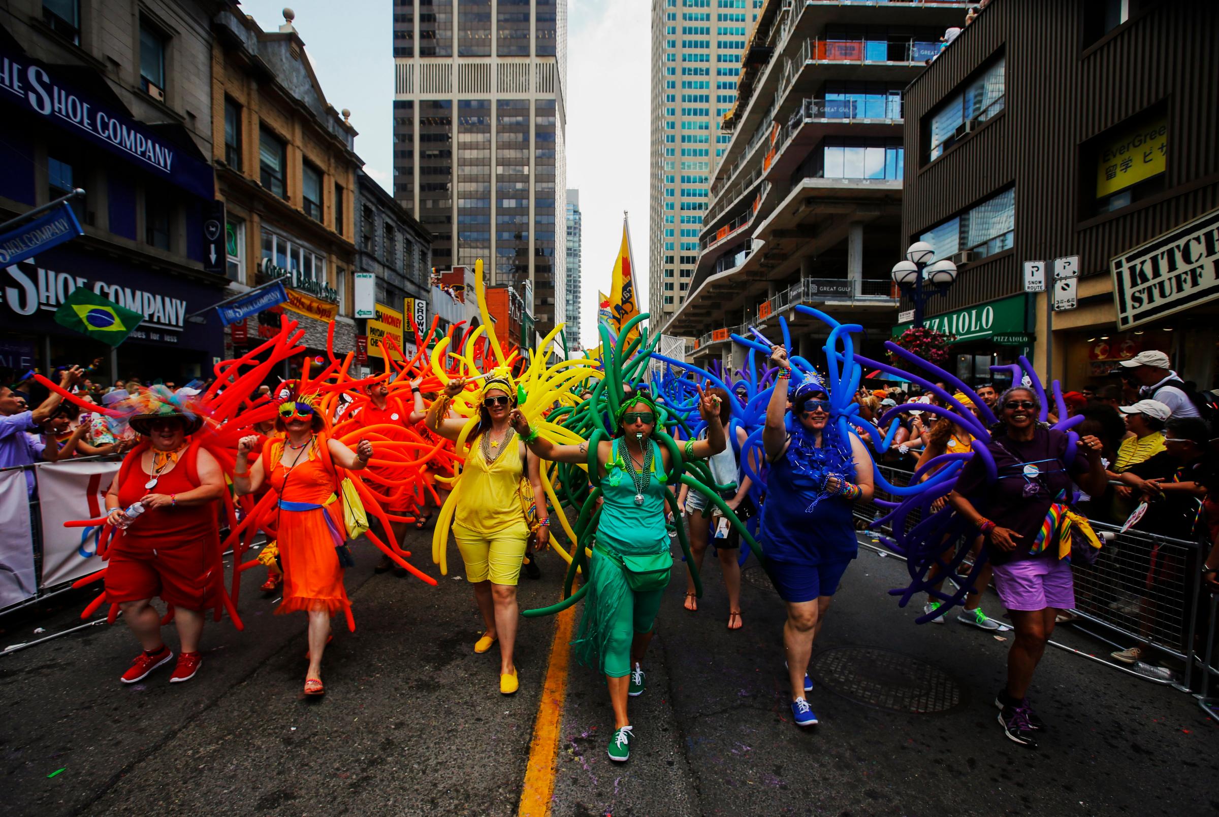 Revelers celebrate during the" WorldPride" gay pride Parade in Toronto