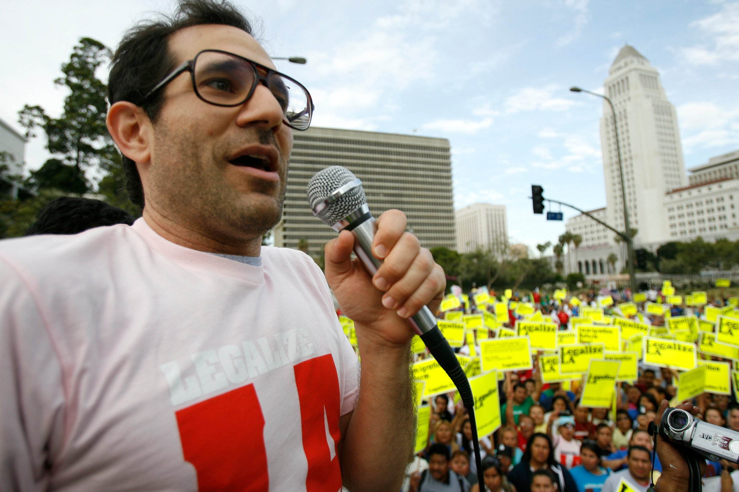 American Apparel owner Dov Charney speaks during a May Day rally protest march for immigrant rights, in downtown Los Angeles