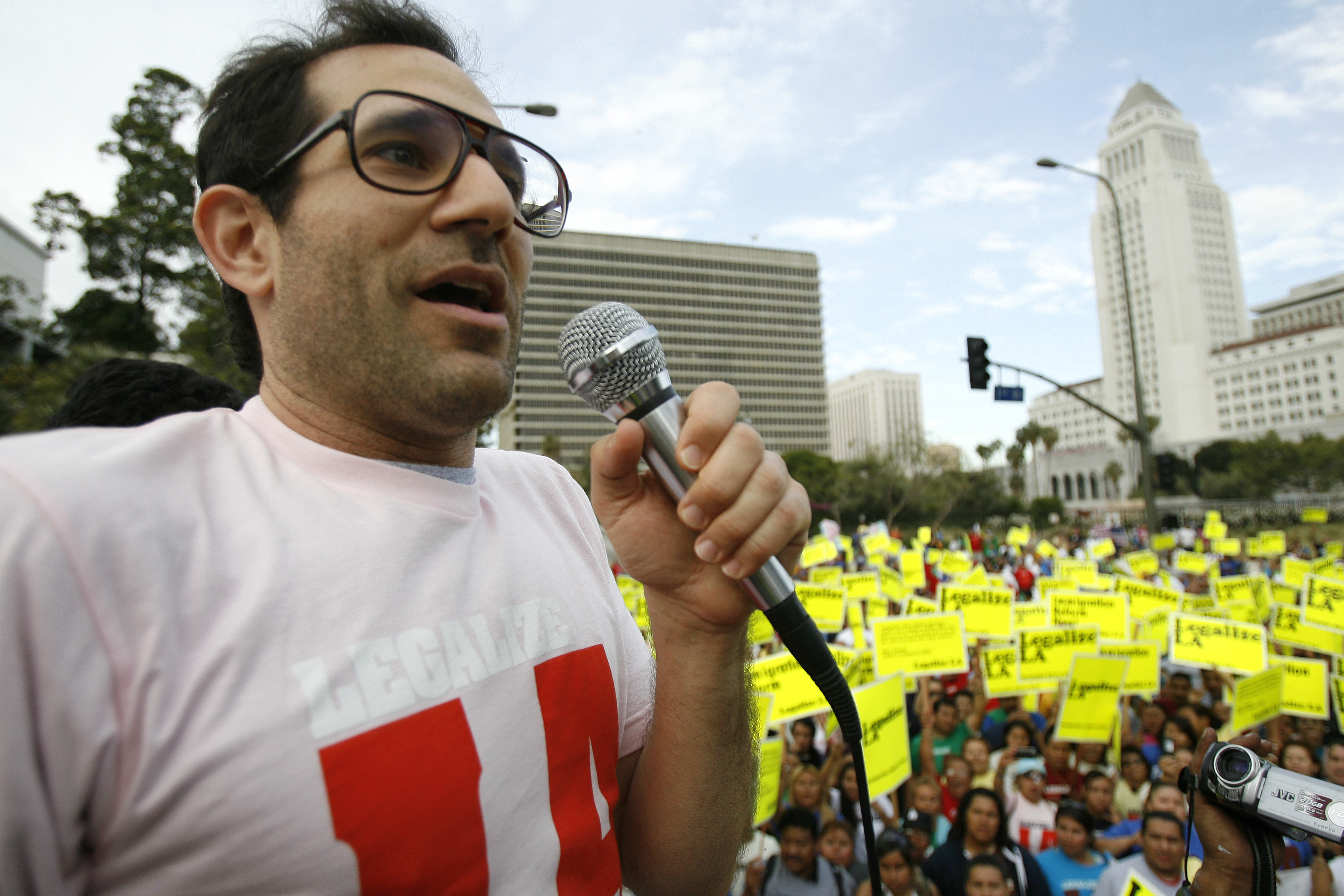 American Apparel owner Dov Charney speaks during a May Day rally march for immigrant rights in downtown Los Angeles on May 1, 2009 (Mario Anzuoni—Reuters)