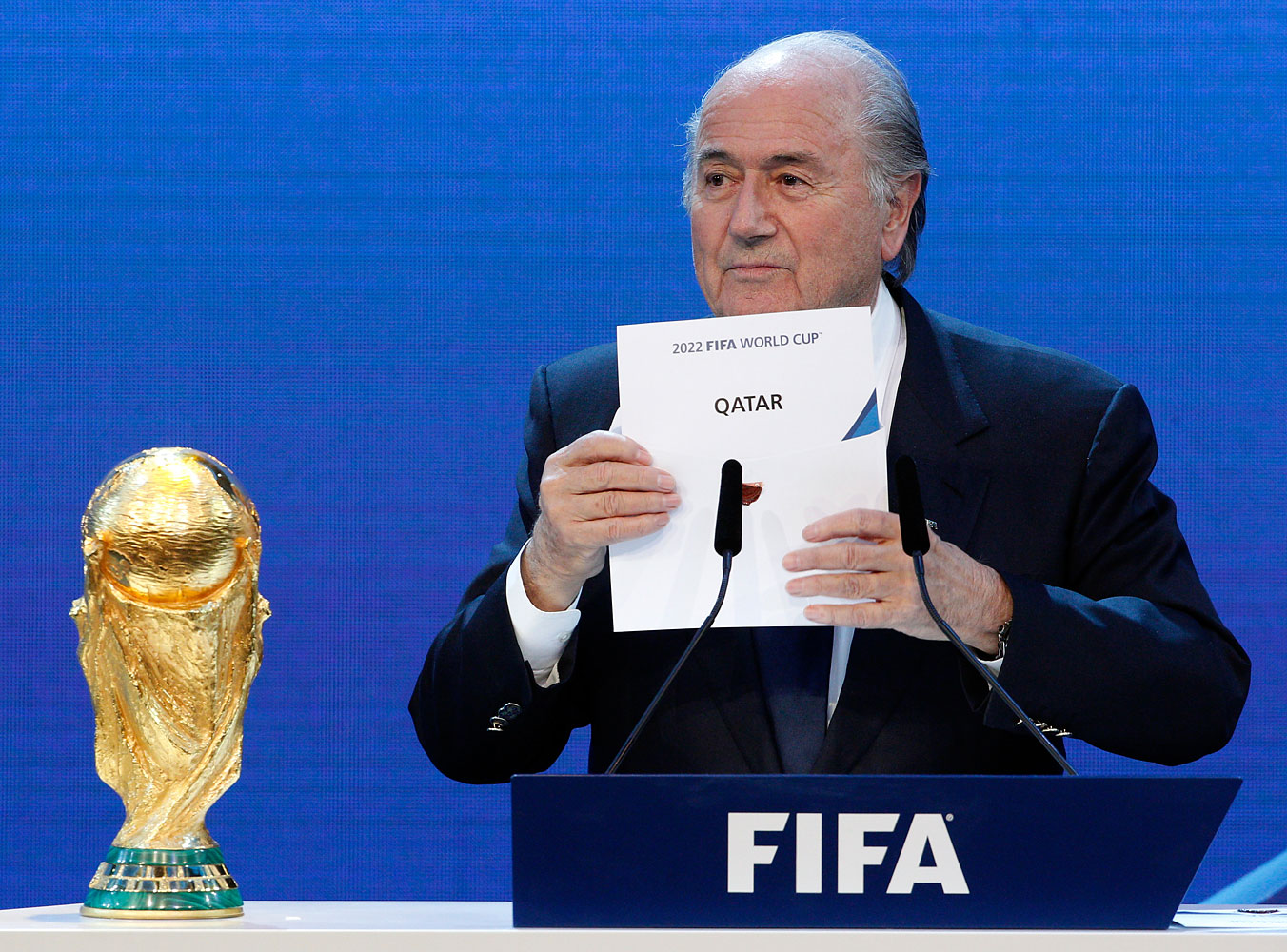 FIFA President Sepp Blatter announces Qatar as the host nation for the FIFA World Cup 2022  in Zurich
