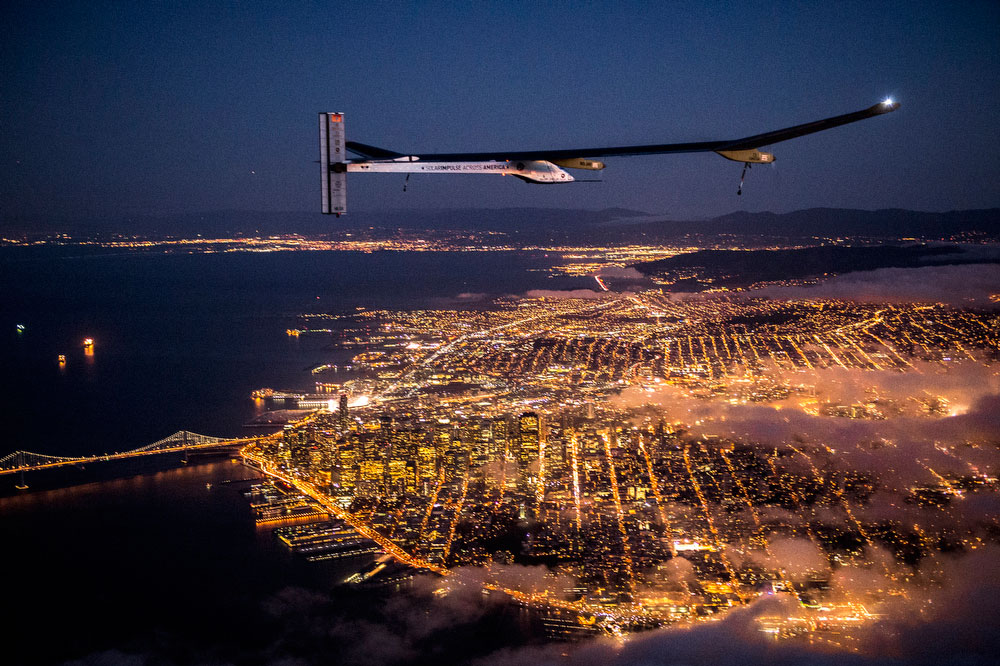 Solar Impulse's HB-SIA prototype flies over the San Francisco Bay, April 23, 2013.