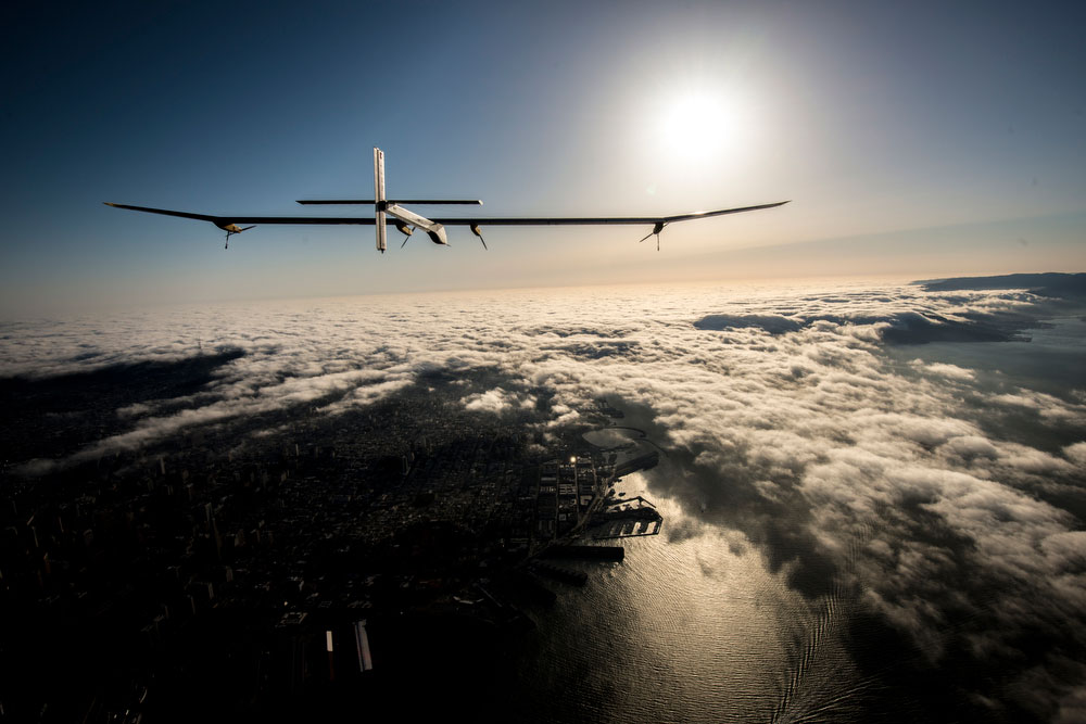 Solar Impulse' s HB-SIA prototype soars above the clouds over the San Francisco Bay, April 23, 2013.