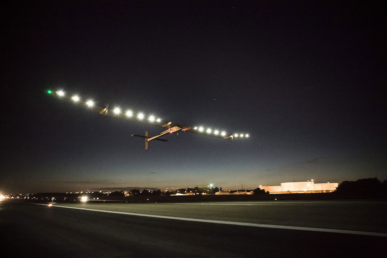 Solar Impulse takes off on its final leg of its flight across the USA from Dulles International Airport in Dulles, Va., July 6, 2013.