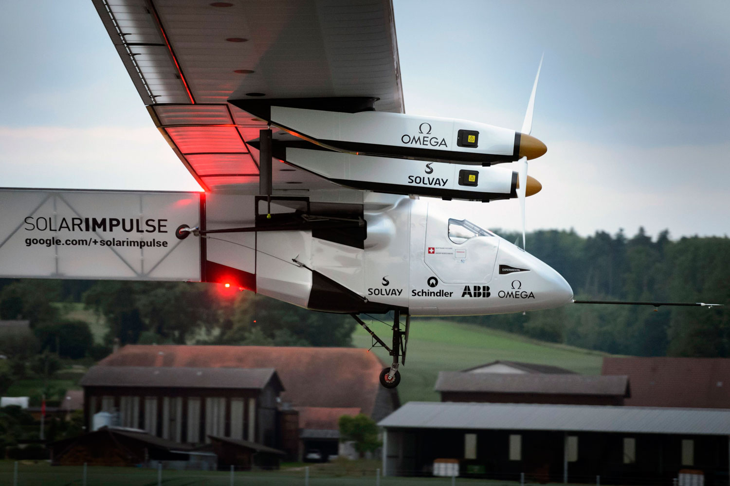 Solar Impulse 2 takes off during its maiden flight from Payerne on June 2, 2014.