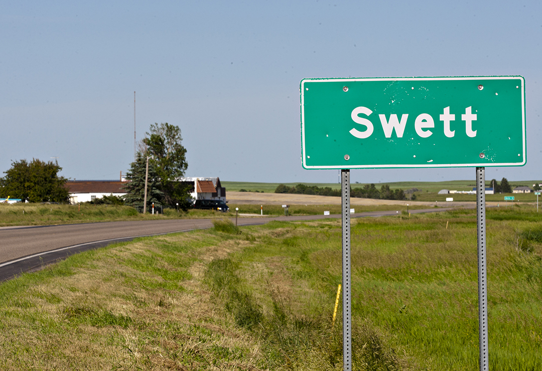 A road marker highlights Swett, S.D.'s small borders on June 26, 2014.