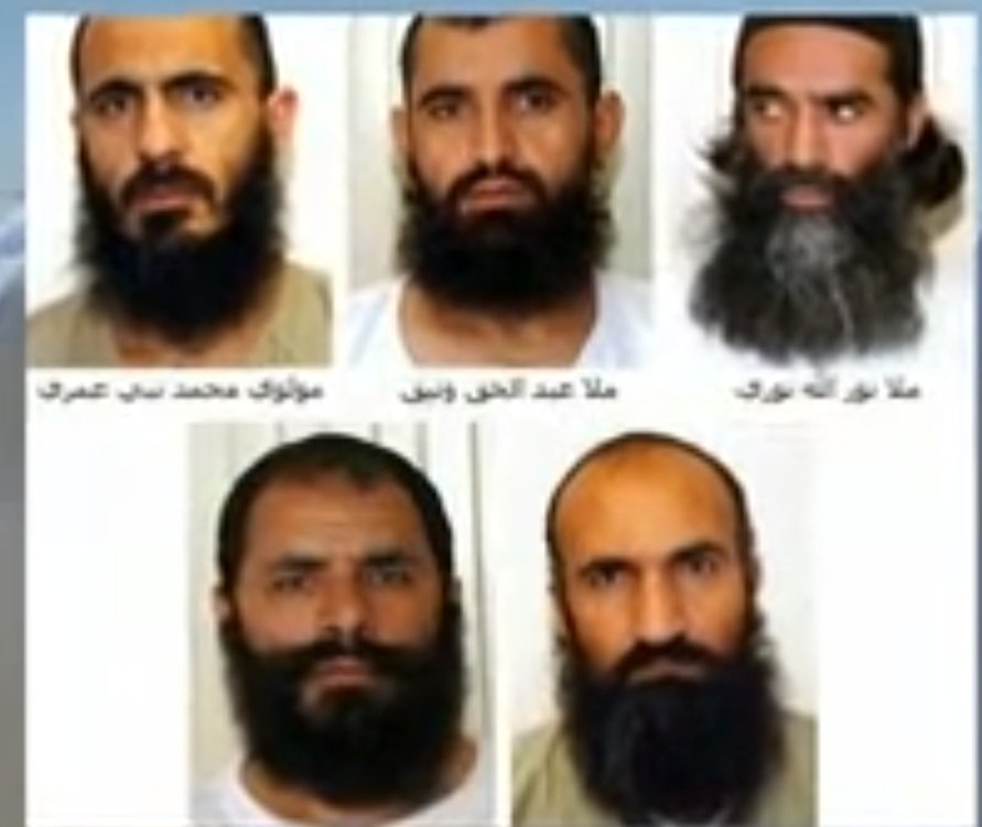 The Taliban detainees, known as the "Taliban Five", who released from Guantanamo Bay in exchange for Bowe Bergdahl are Mohammad Fazl, Khairullah Khairkhwa, Abdul Haq Wasiq, Norullah Noori, and Mohammad Nabi Omari. (Polaris)