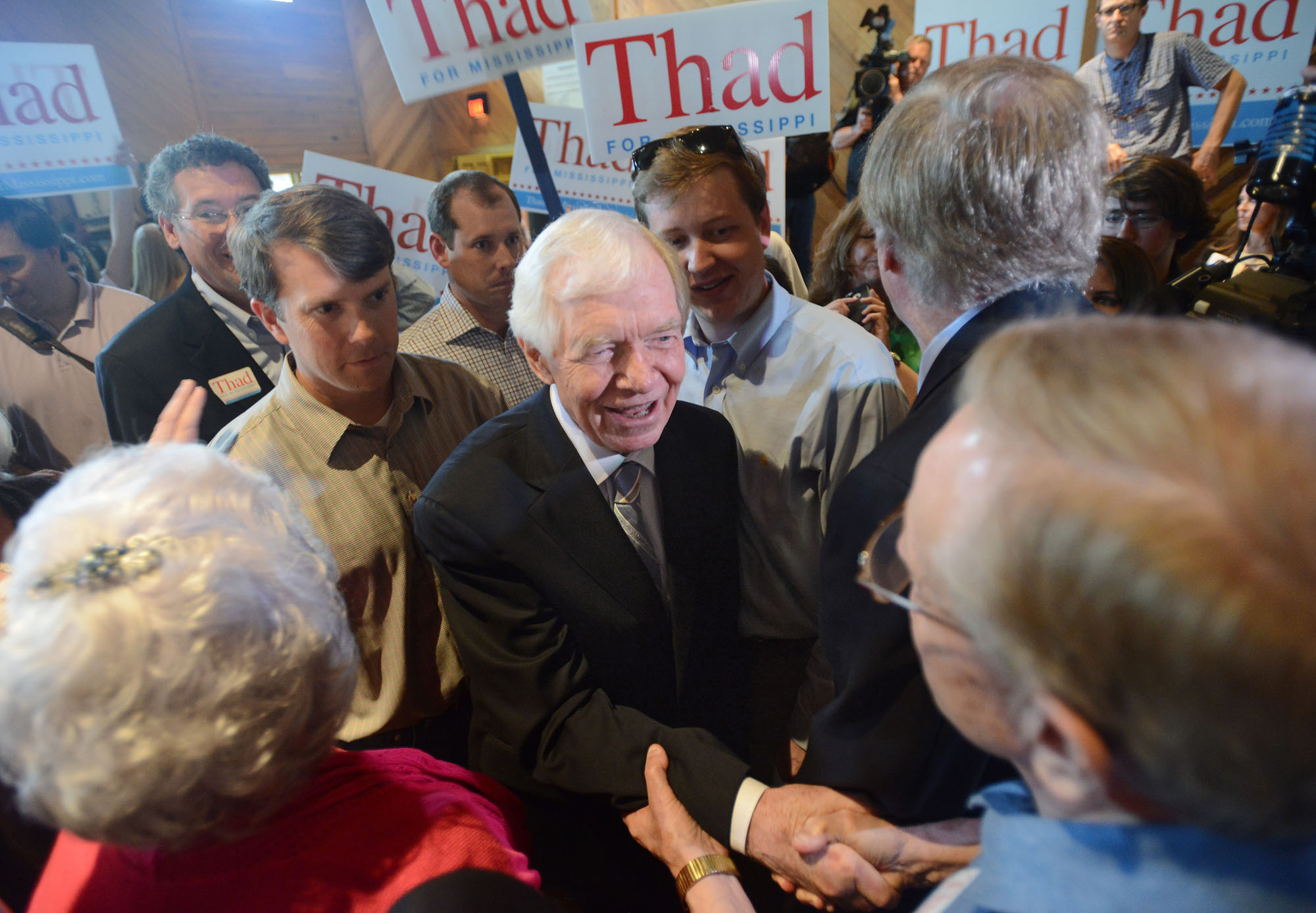 U.S. Sen. Thad Cochran, R-Mississippi, greets supporters at a pre-election day rally at the Mississippi Agriculture and Forestry Museum in Jackson, Miss., on  June 2, 2014. (Joe Ellis—AP)