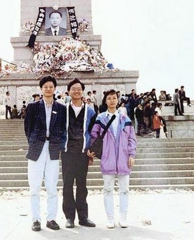 Kenneth Lam (left), Liane Lee (right) and another activist (name unknown) pose in front of the Monument to the People's Heroes, in Tiananmen Square, Beijing, in April 1989. (Jonathan Chan)