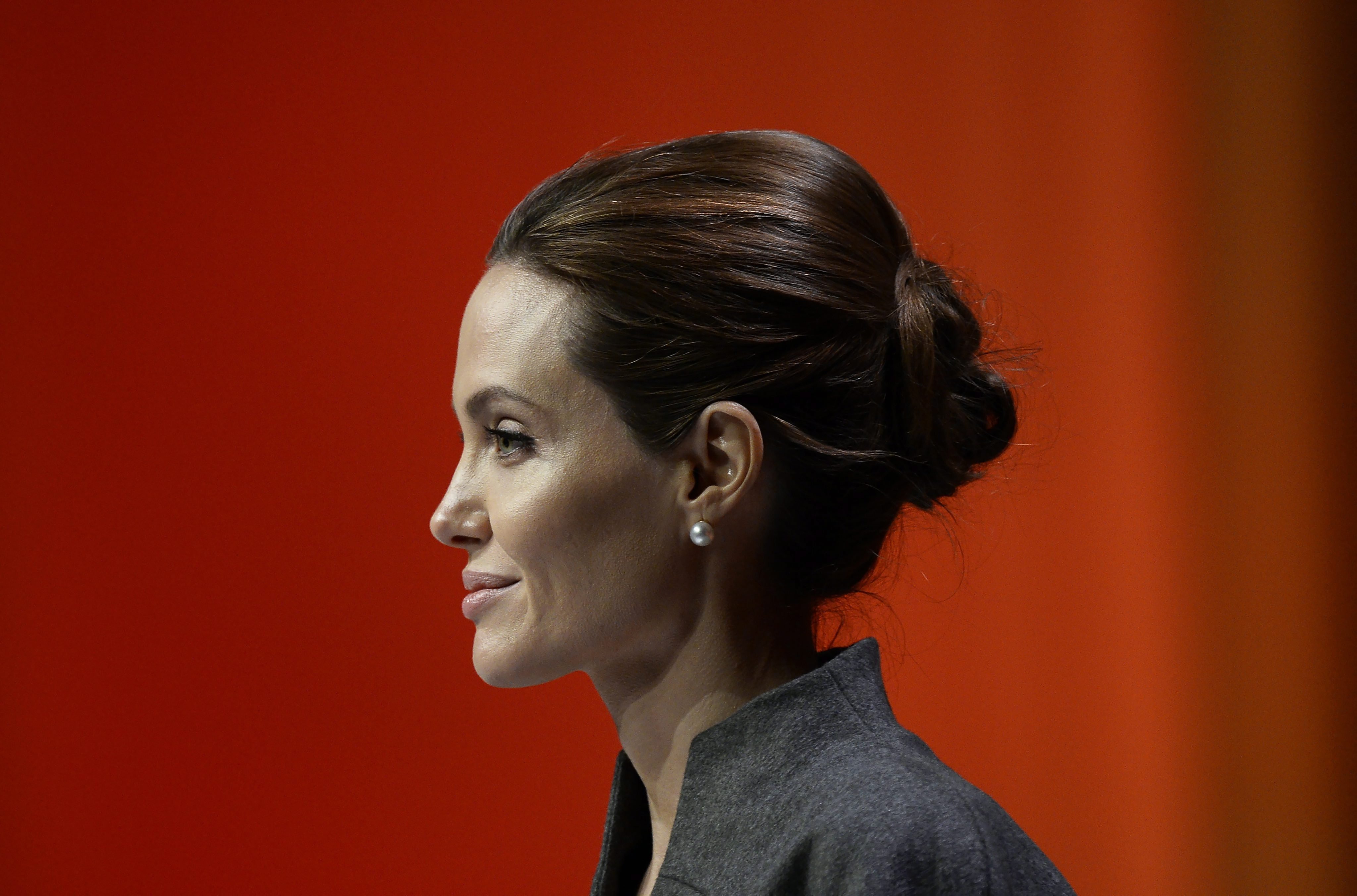 US actress Angelina Jolie speaks at the Global Summit to End Sexual Violence in Conflict at the Excel Centre in London, Britain, June 13, 2014. (Facundo Arrizabalaga—EPA)