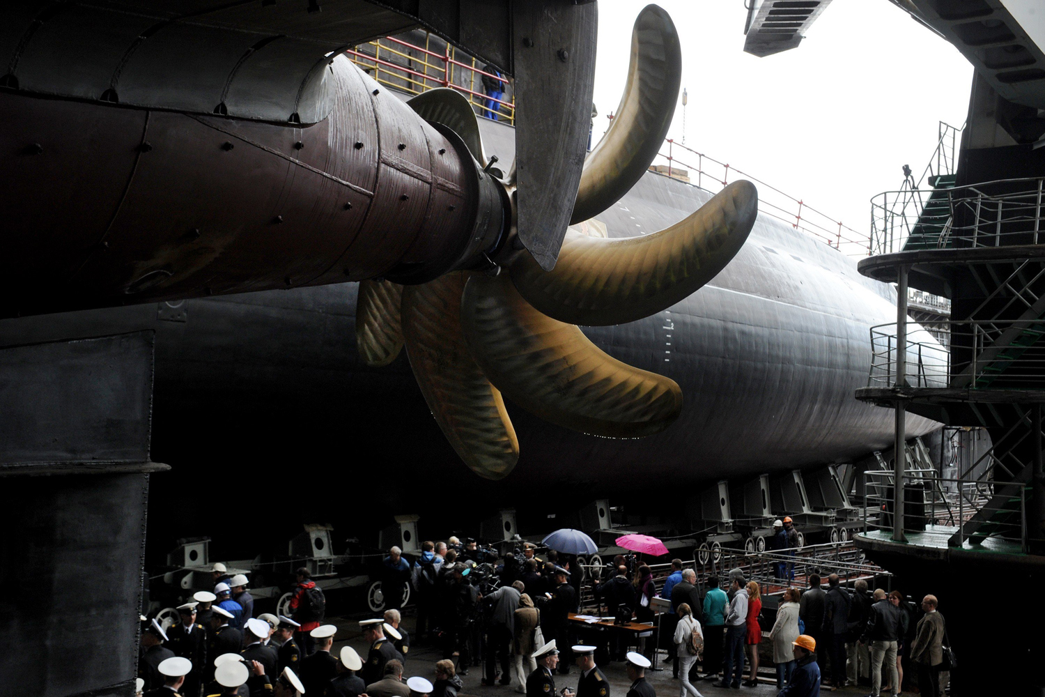 Jun. 26, 2014. Russia's Navy officers, officials and workers attend a ceremony of launching the Rostov-on-Don Russian diesel-electric torpedo submarine at the Admiralteiskiye verfy shipyard in St. Petersburg, Russia.
