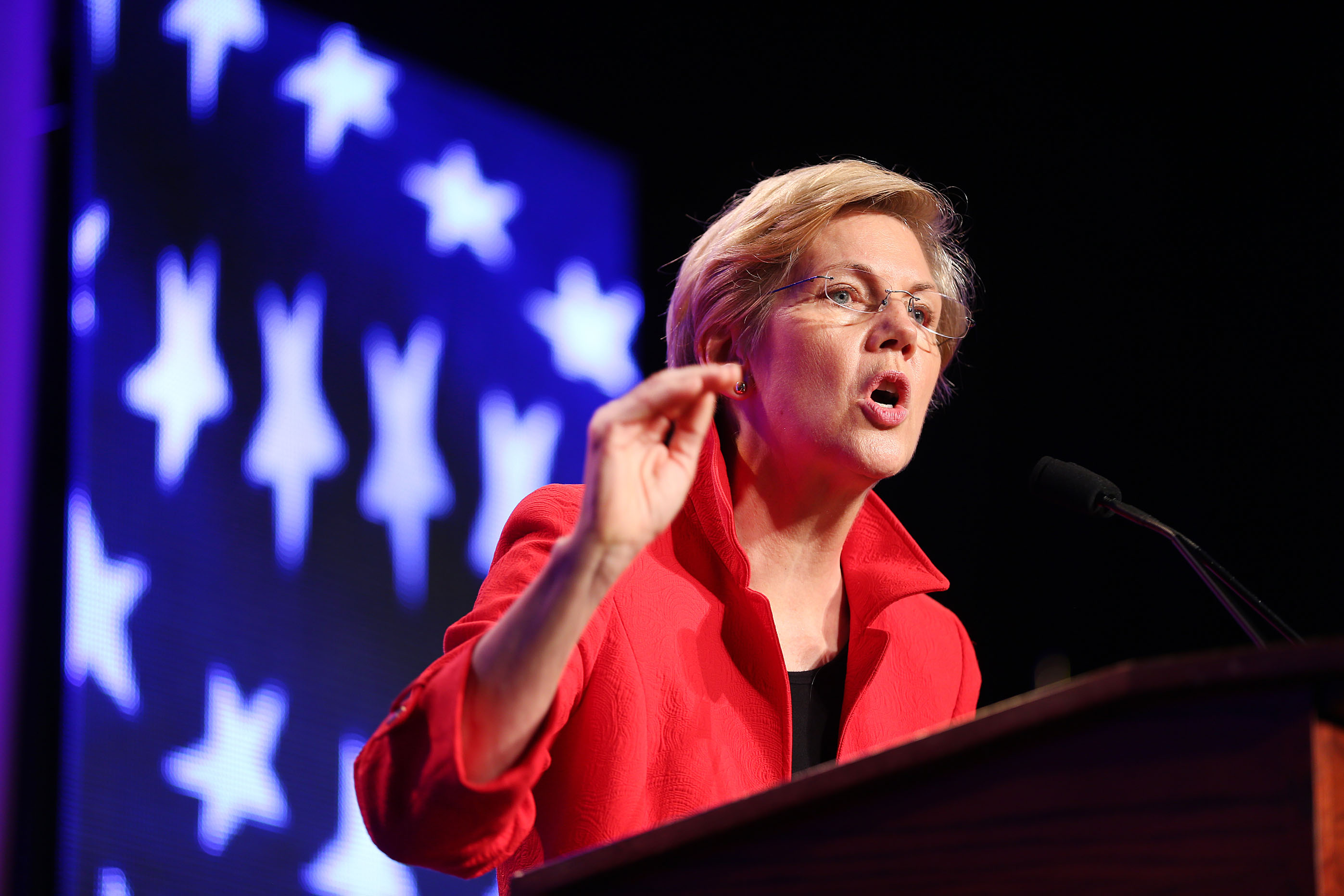 Senator Elizabeth Warren speaks at the Democratic State Convention in Worcester, Mass. on June 13. (Boston Globe—Boston Globe/Getty Images)