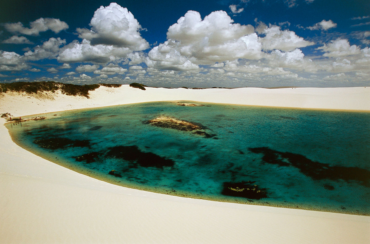The Lencois Maranhenses National Park received its Portuguese name, meaning “the bedsheets of Maranhao,” from its famous white sand dunes, but the region keeps a bit of color thanks to the blue waters in between the dunes and the beautiful tropical fish that swim there.