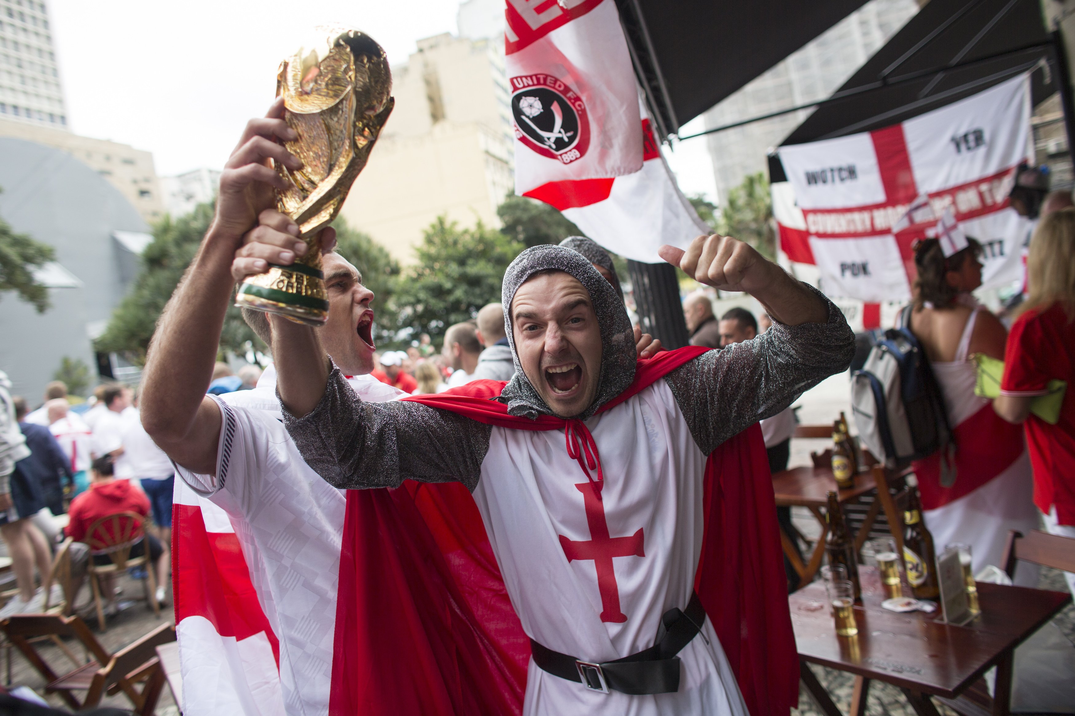 Fans of the England football team gather in a bar ahead of the England's match against Uruguay on June 19, 2014 in Sao Paulo, Brazil.