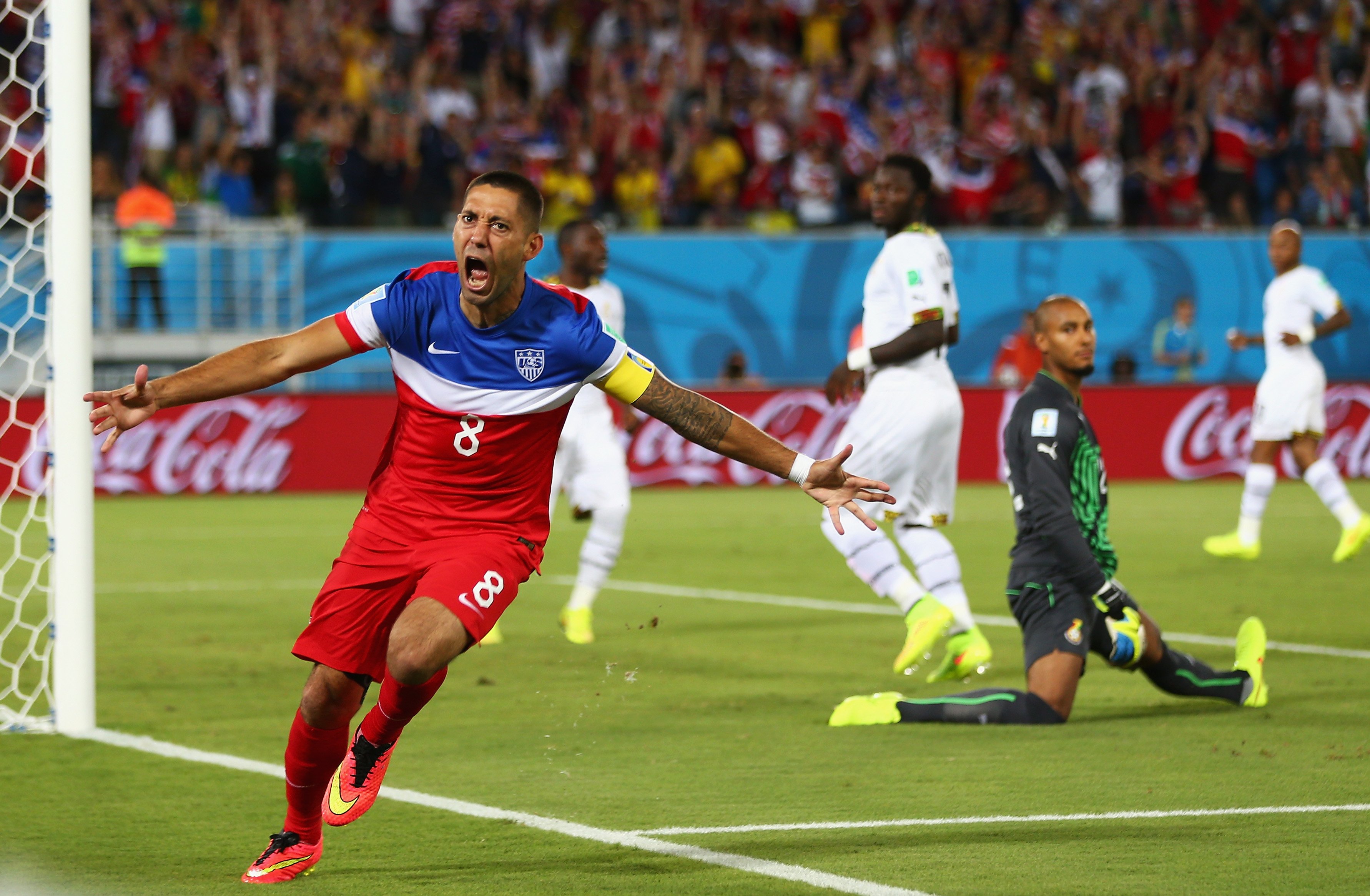 Clint Dempsey of the United States reacts after scoring his team's first goal past goalkeeper Adam Kwarasey of Ghana during the 2014 FIFA World Cup Brazil Group G match between Ghana and the United States at Estadio das Dunas on June 16, 2014 in Natal, Brazil.