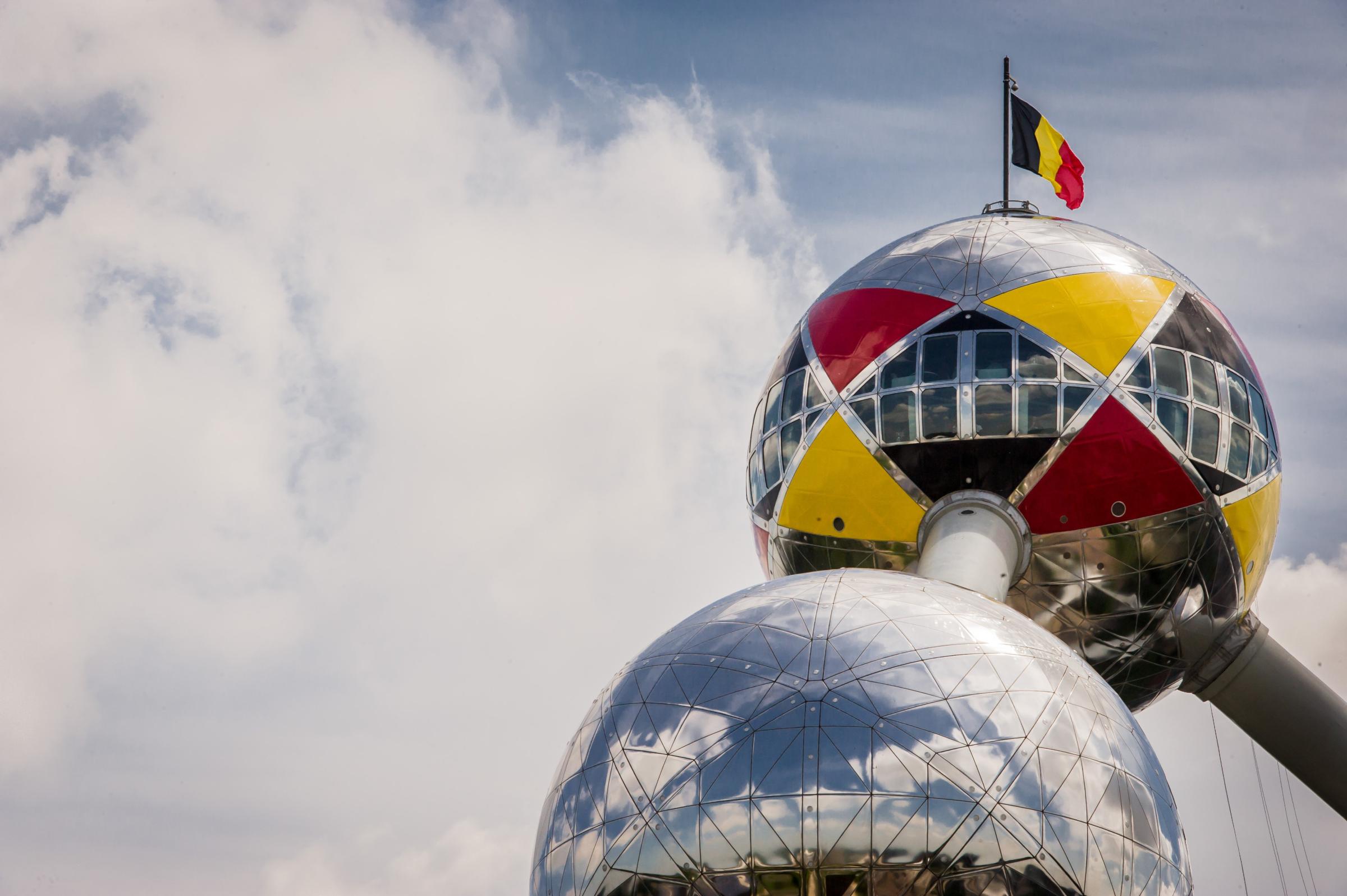 The upper sphere of the Atomium in Brussels is wrapped with the Belgian colors to support the Belgian national soccer team at the World Cup soccer in Brazil on June 13, 2014.