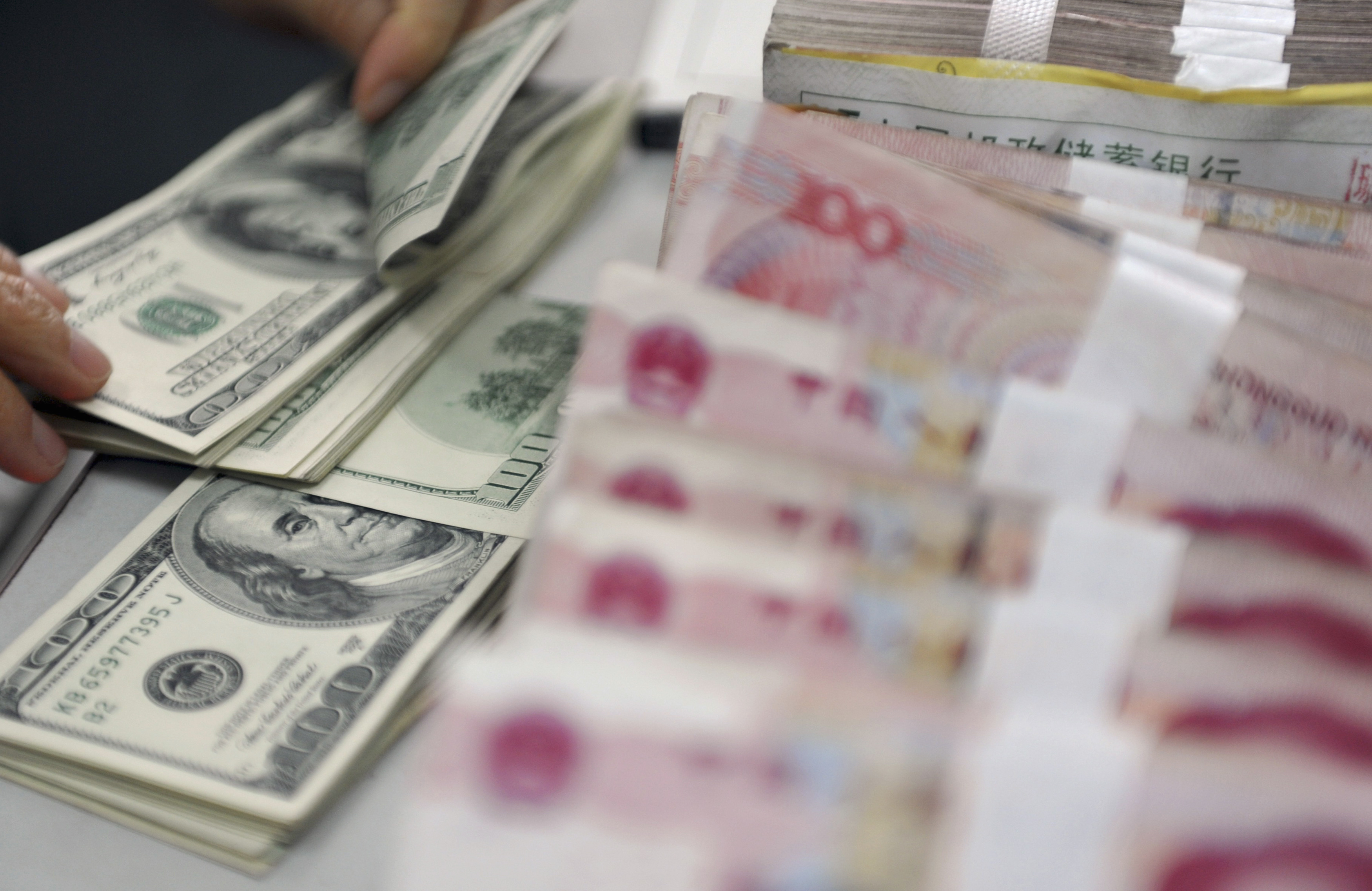 A clerk counts U.S. dollar banknotes after counting Chinese 100 Yuan banknotes at a branch of the Agricultural Bank of China in Qionghai, China's southmost Hainan province, November 12, 2012. (China Daily/Reuters)