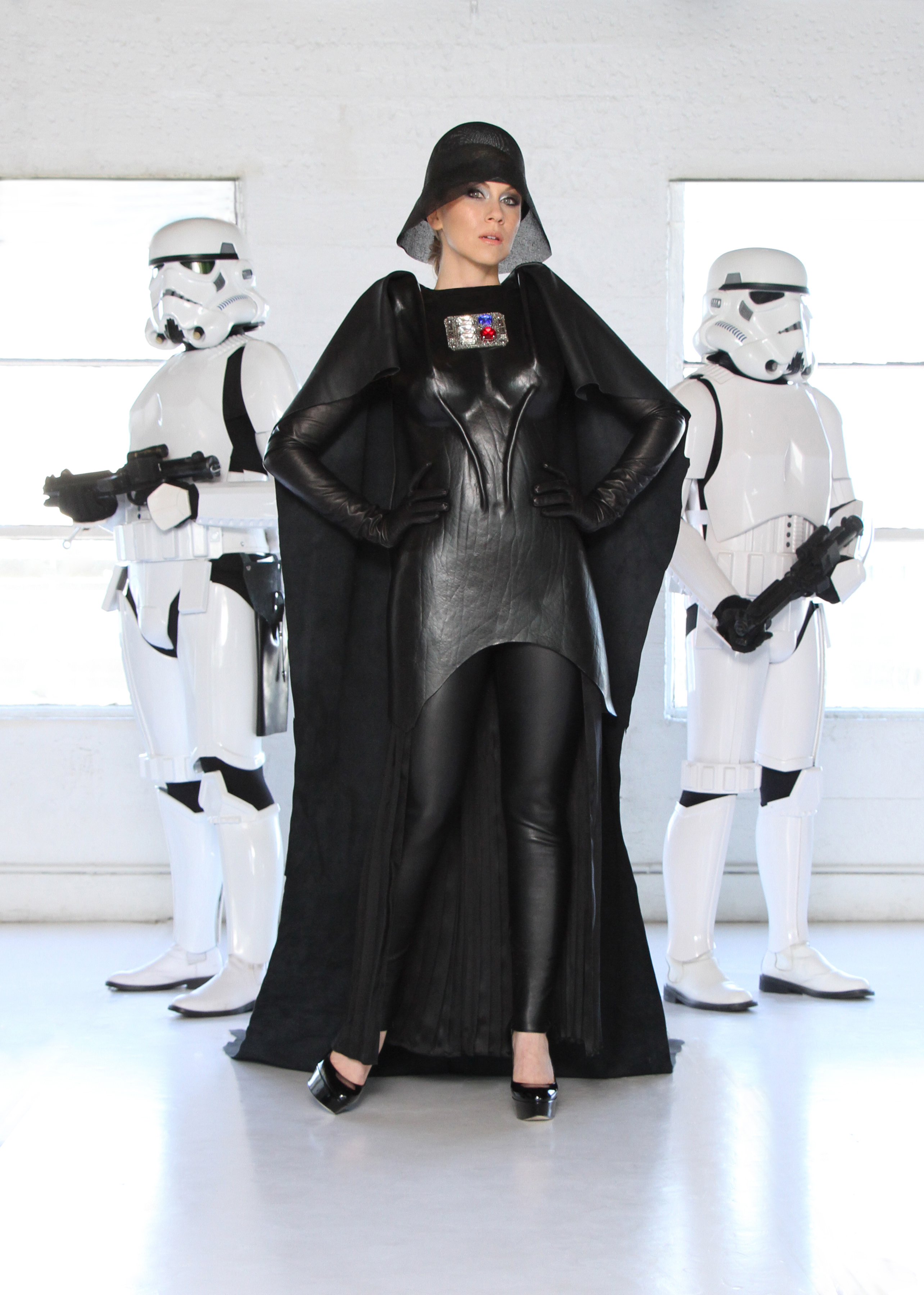 Ashley Eckstein poses in a geek couture Darth Vader outfit to promote the Comic-Con fashion show (Her Universe)