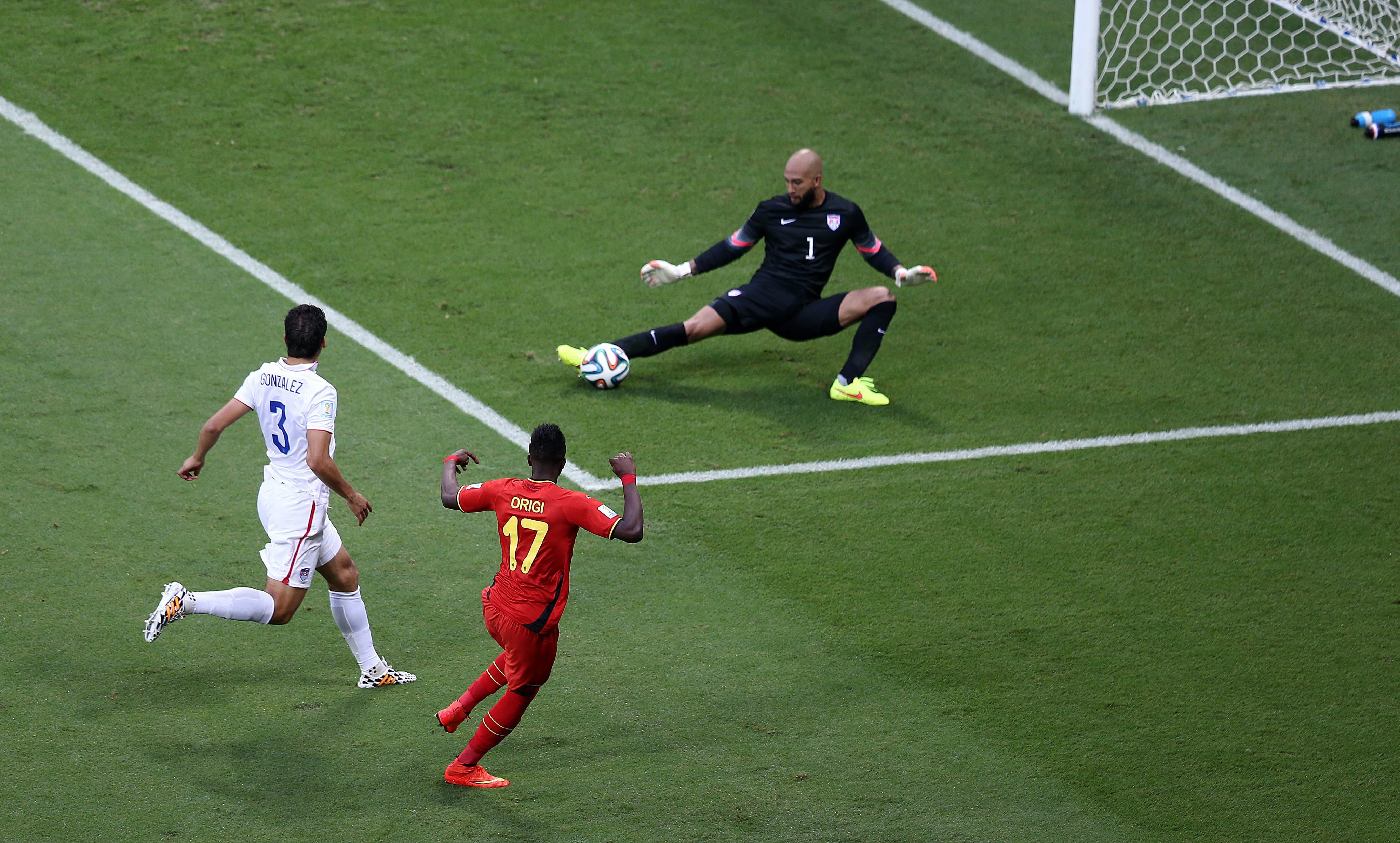 Goalkeeper Tim Howard of the USA saves a shot during the FIFA World Cup 2014 round of 16 match between Belgium and the USA at the Arena Fonte Nova in Salvador, Brazil on July 1, 2014.
