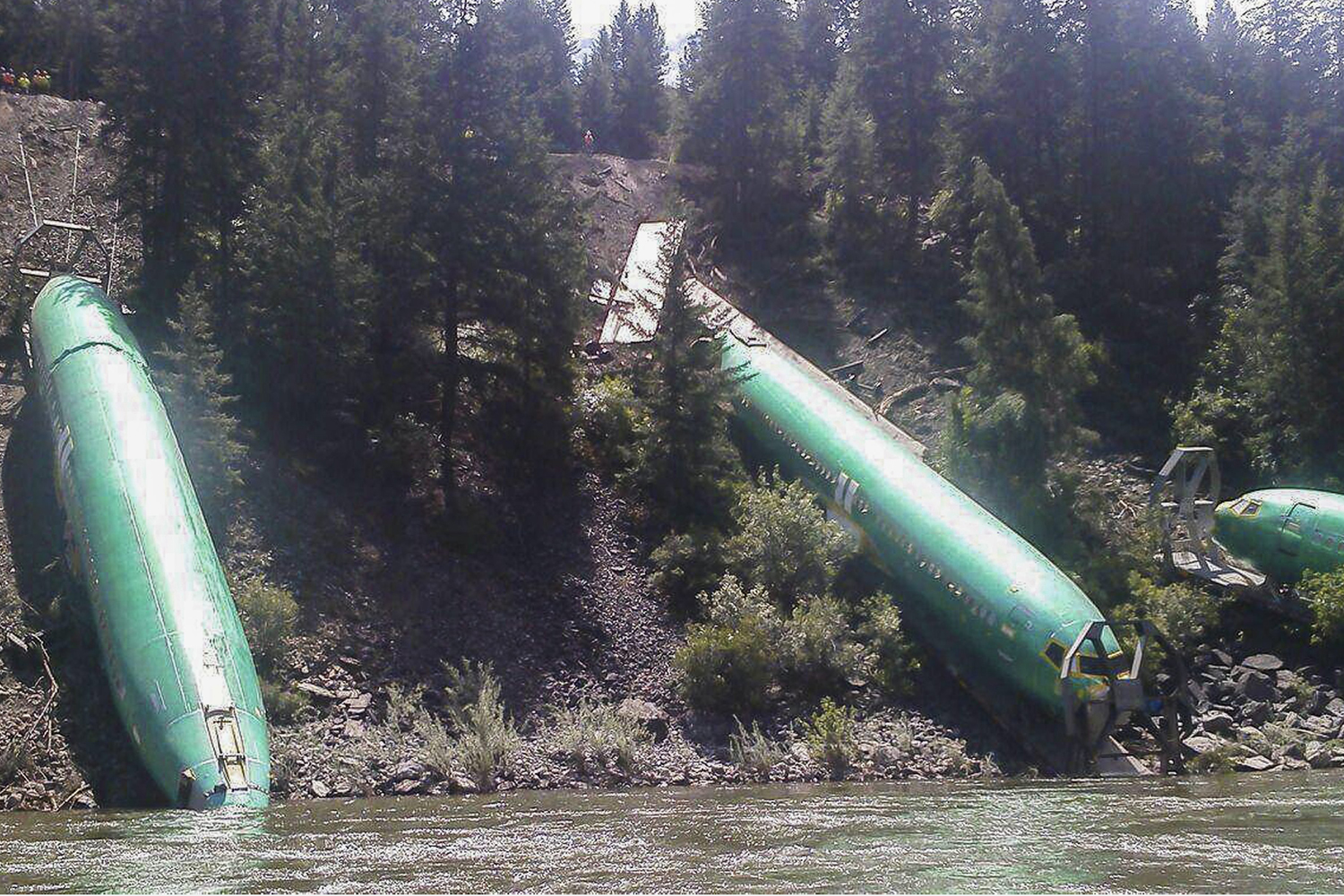 Train derails dumping planes into river