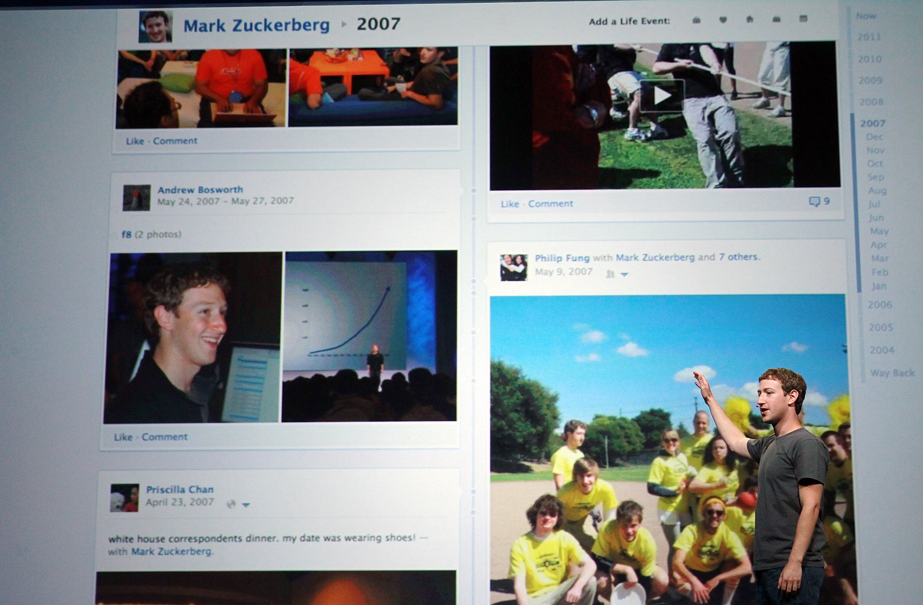 Facebook CEO Mark Zuckerberg shows off the new Timeline as he delivers a keynote address during the Facebook f8 conference on September 22, 2011 in San Francisco, California. (Justin Sullivan—Getty Images)