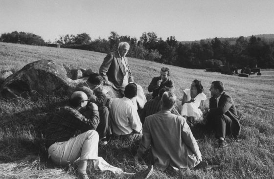 Student authors hear Robert Frost discuss verse at Bread Loaf Writers' Conference near Middlebury, Vt., the oldest summer writers' workshop.