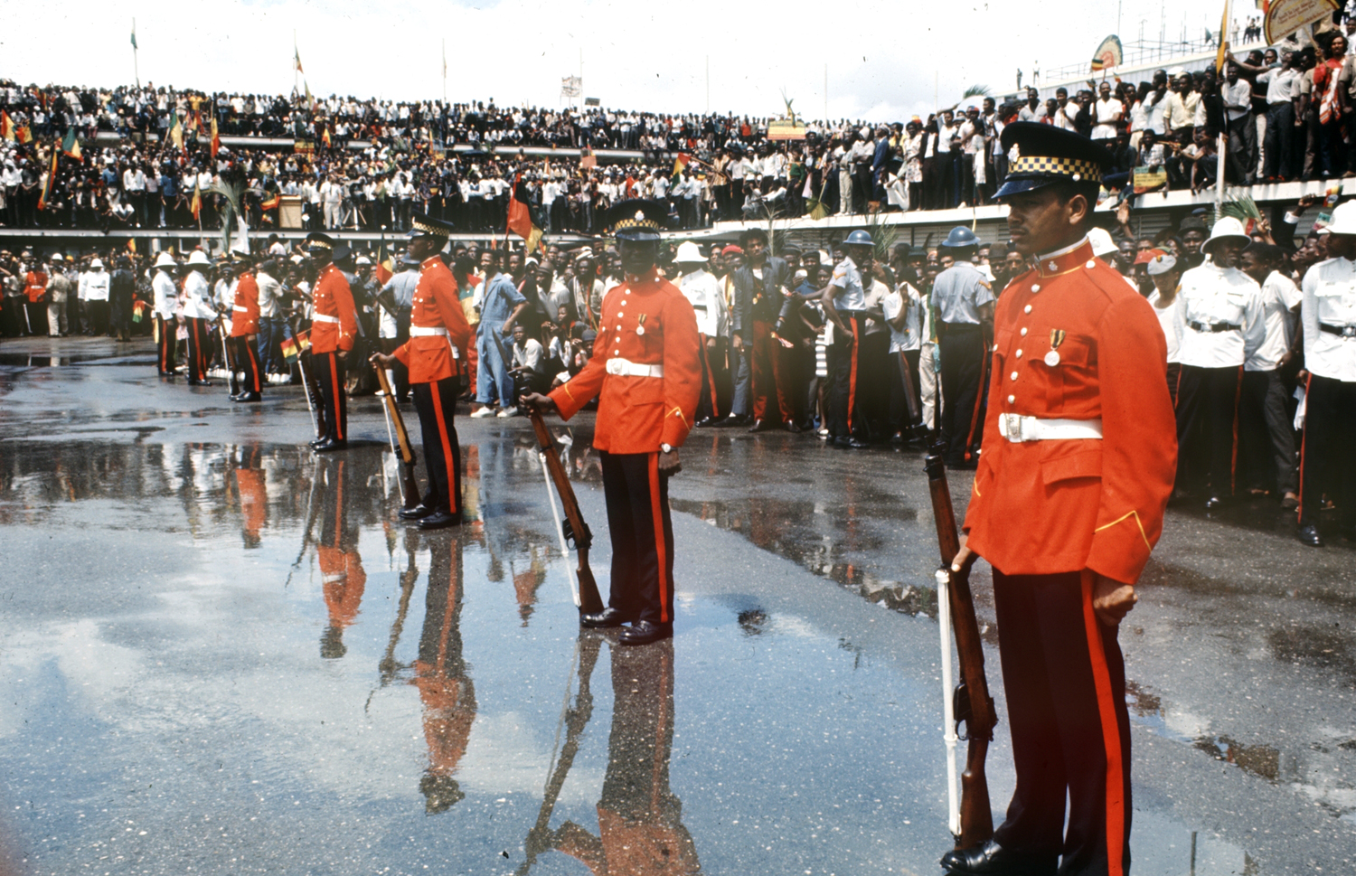 Scene at Jamaica airport during arrival of Emperor of Ethiopia Haile Selassie I, April 21, 1966.