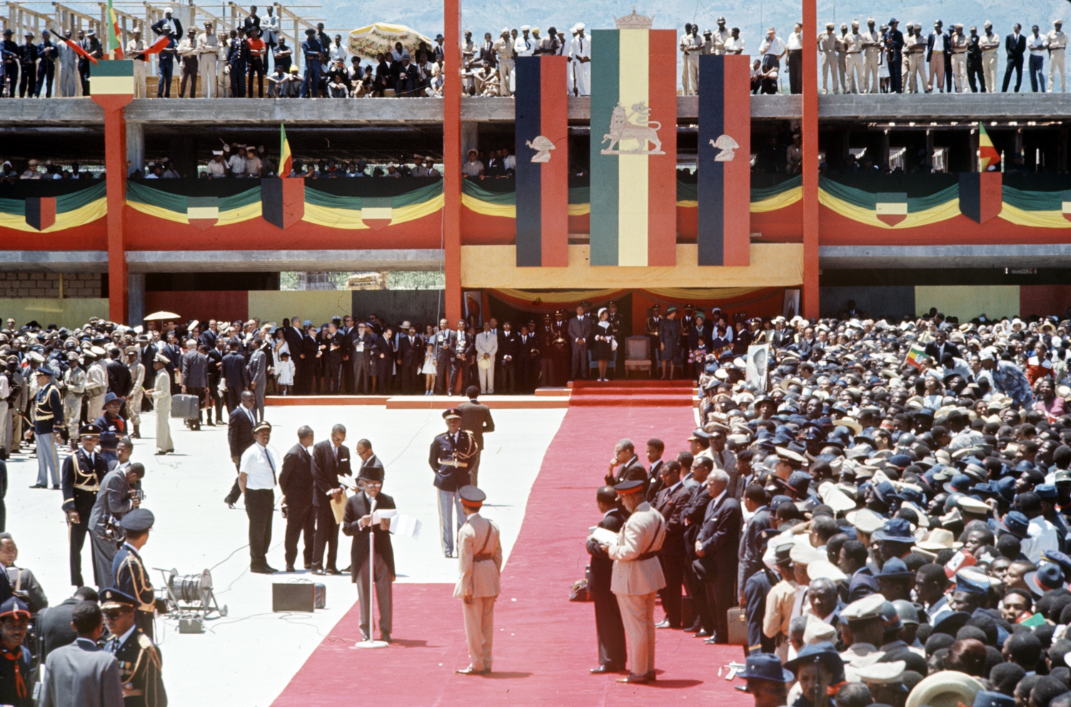 Haiti's "Papa Doc" Duvalier welcomes Emperor of Ethiopia Haile Selassie I to Port-au-Prince during Selassie's historic visit to the Caribbean, April 1966.