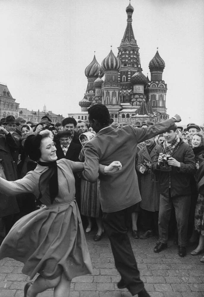A celebration in Red Square in honor of cosmonaut Yuri Gagarin, the first human in space, 1961.