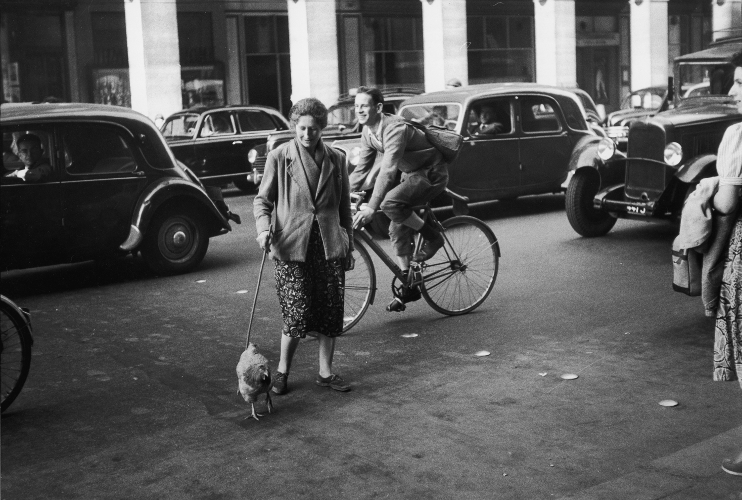 A woman named Marguerite walks a chicken in Paris, 1956.