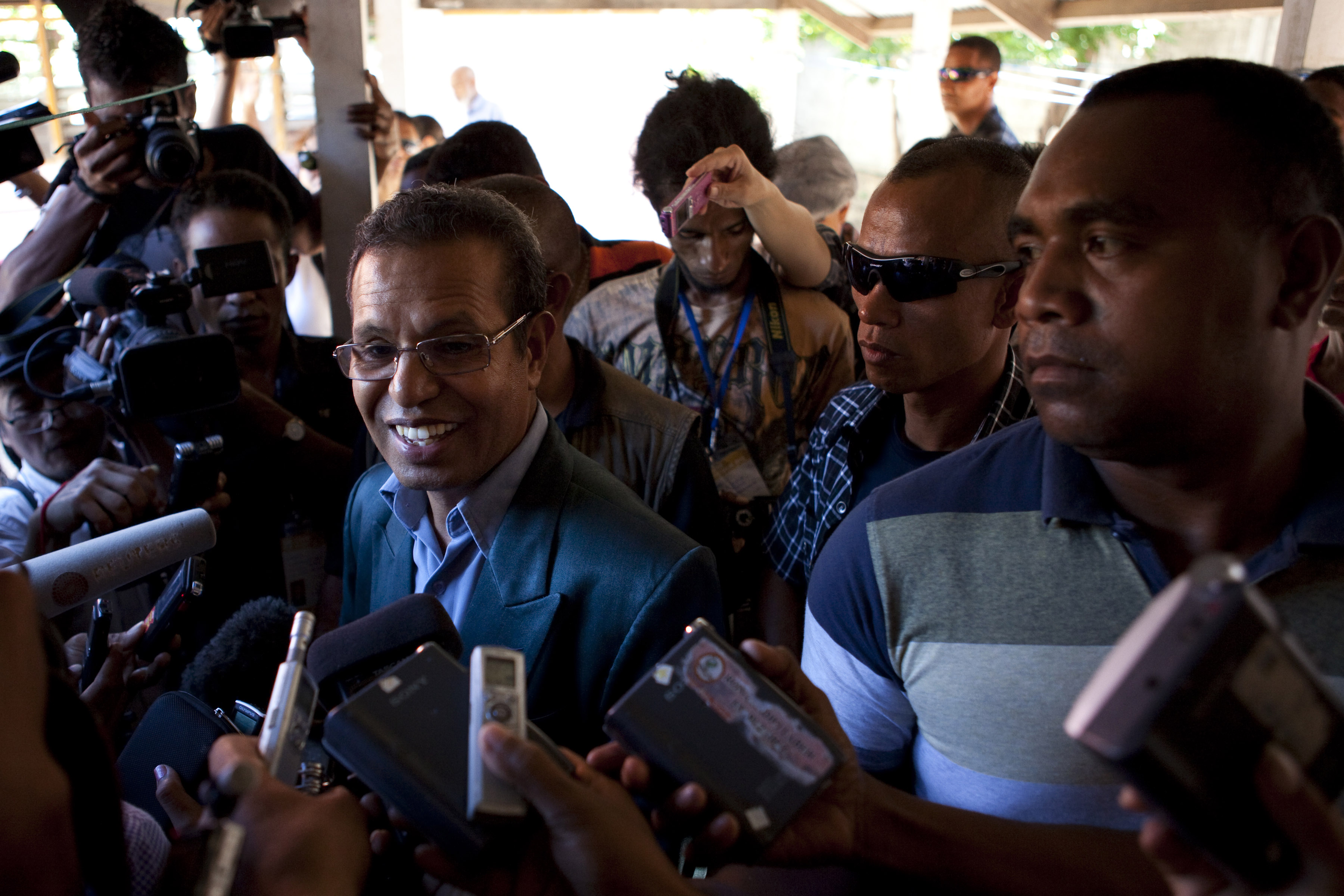 Taur Matan Ruak speaks to the press during the second round of the Presidential elections on April 16, 2012 in Dili, East Timor. (Pamela Martin—Getty Images)