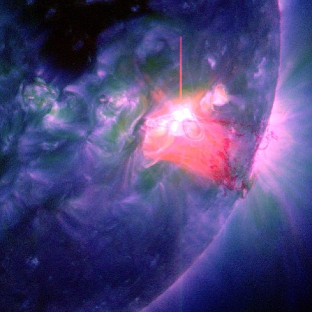 Jan. 2, 2014. Two Solar Flares Say Goodbye 2013 and Welcome 2014 Several wavelengths of light are combined in this New Year's Day solar flare image, categorized as an M9.9 and peaking at 1:52 p.m. EST on Jan. 1, 2014. Each wavelength represents material at a different temperatures, helping scientists understand how it is moved and heated through these events.