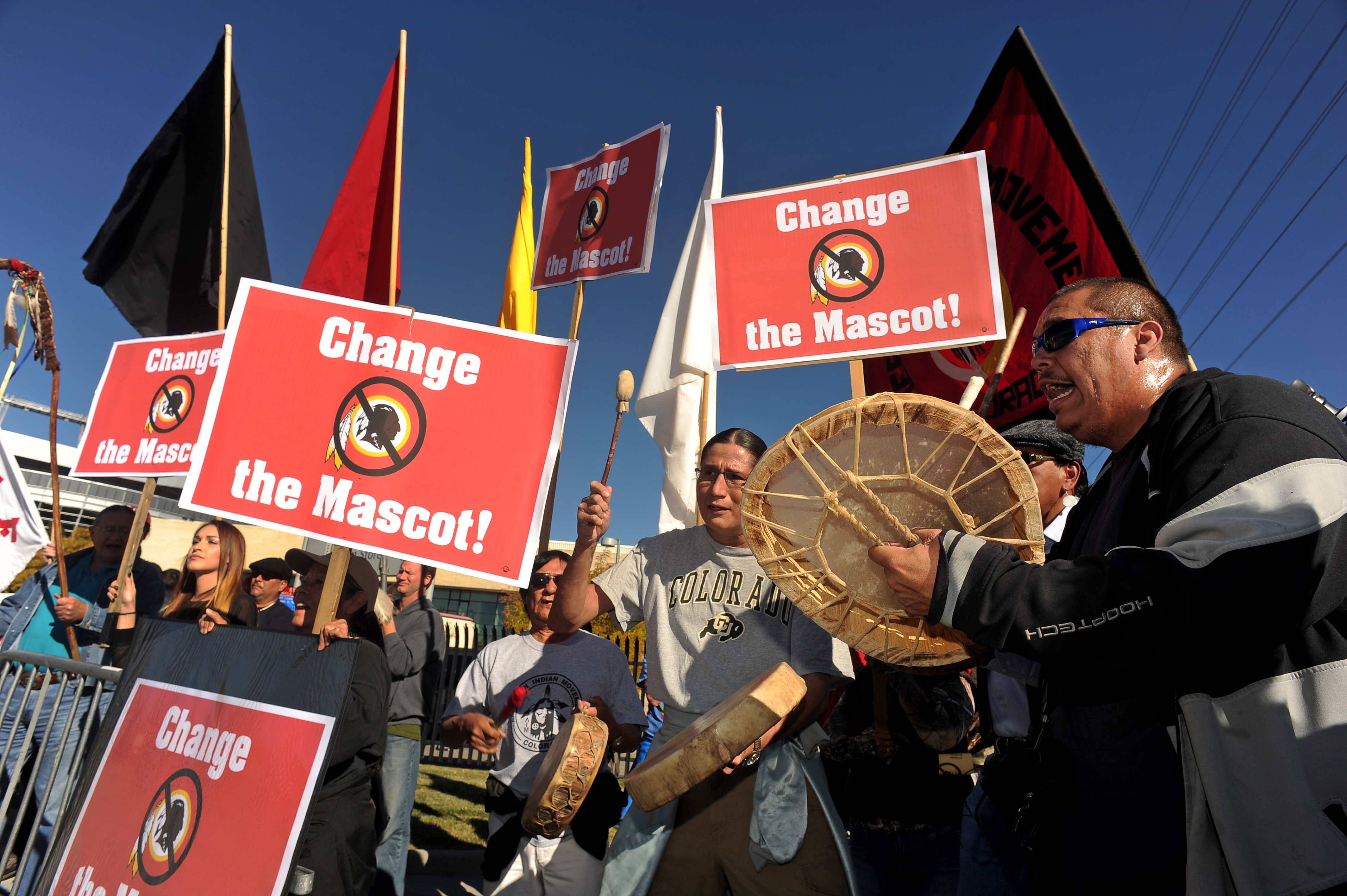 American Indian Movement protest the Washington Redskins as they arrive in town to play the Denver Broncos at Sports Authority Field at Mile HIgh in Denver, Co.