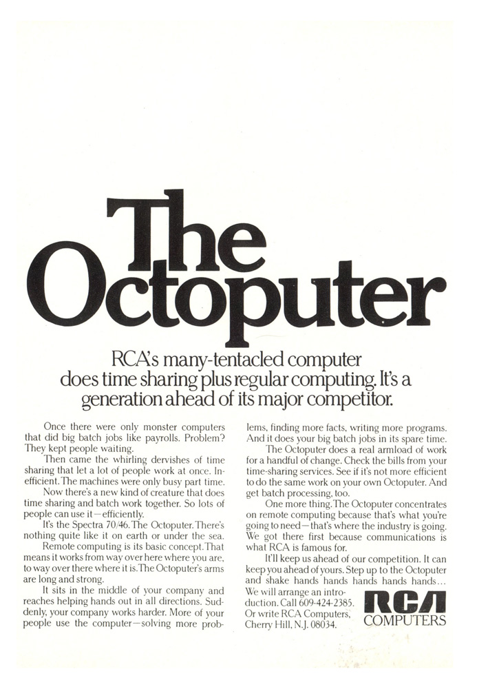 The Octoputer advertisement by RCA that appeared in the July 25, 1969 edition of Time Magazine.