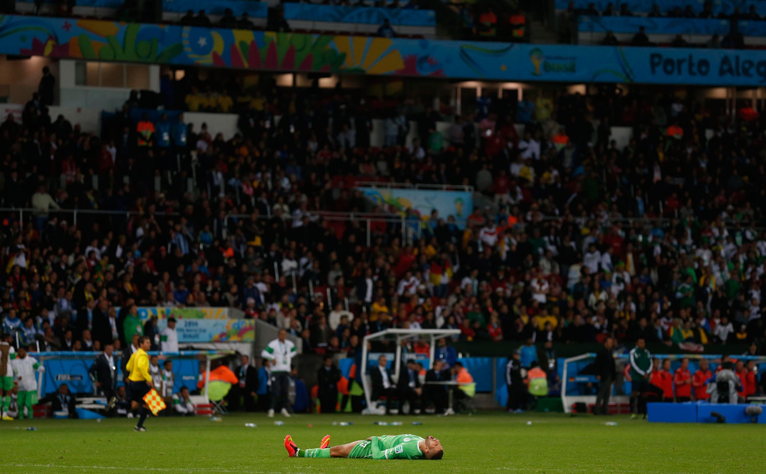Algeria's Islam Slimani reacts to their loss at the Beira Rio stadium in Porto Alegre, Brazil on June 30, 2014.