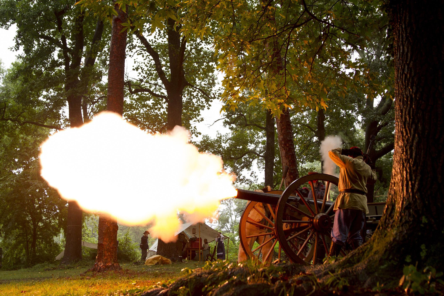 Civil War re-enactors fire a cannon every hour to commemorate the 150th anniversary of the Battle of Atlanta, in Atlanta