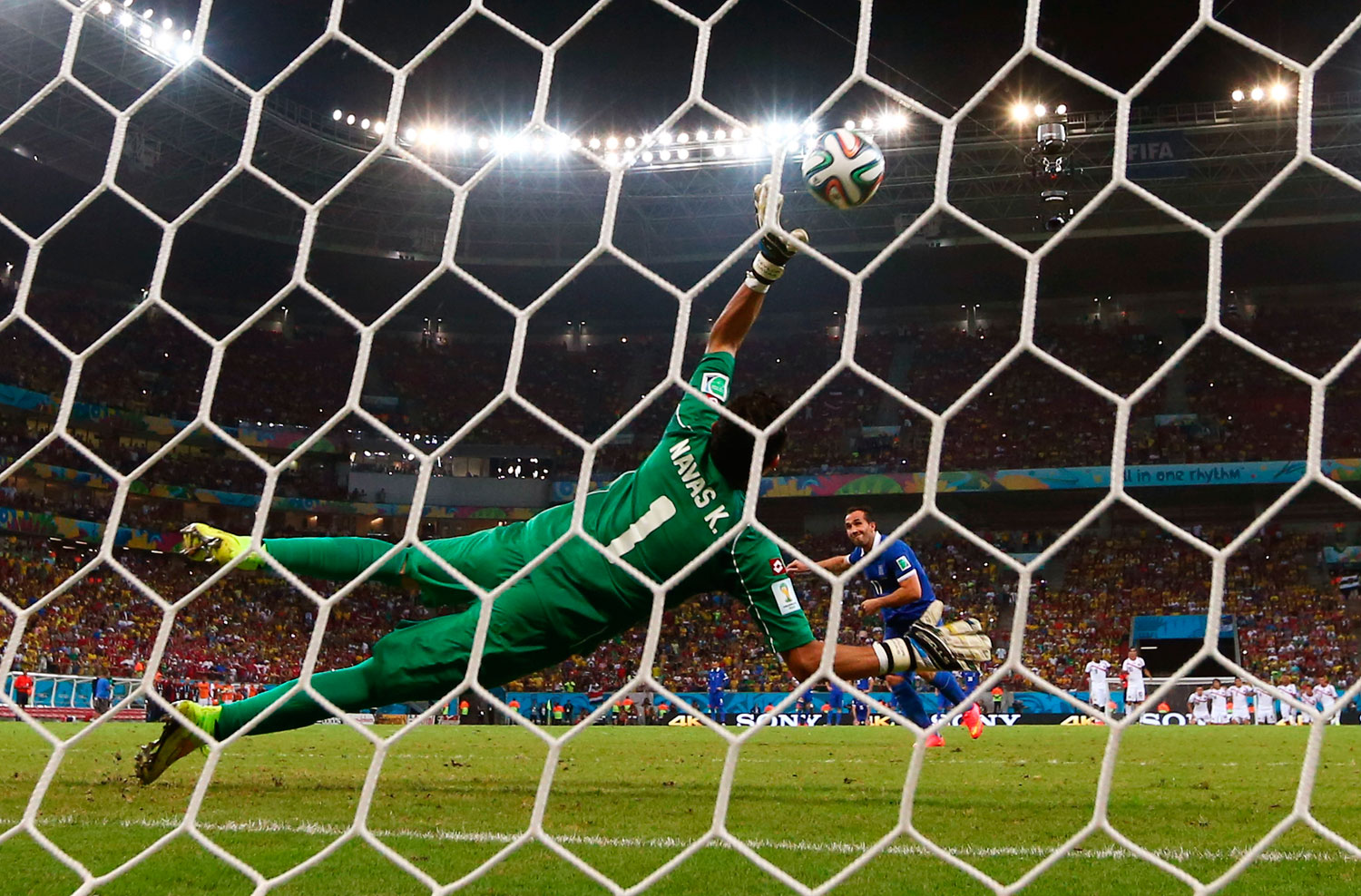 Theofanis Gekas of Greece has his penalty kick saved by Keylor Navas of Costa Rica during a shootout at Arena Pernambuco on June 29, 2014 in Recife, Brazil.