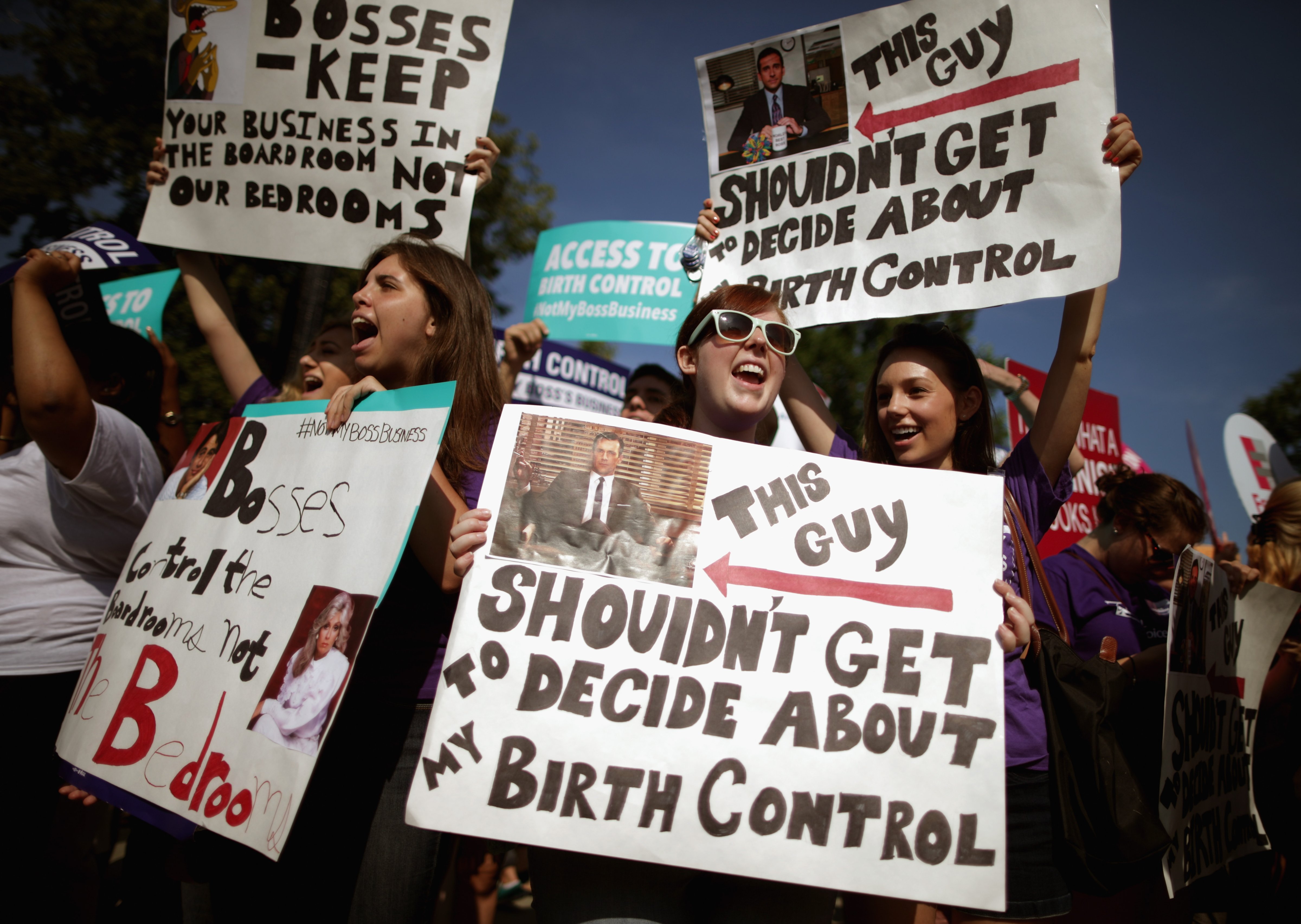 Supportes of employer-paid birth control rally in front of the Supreme Court before the decision in Burwell v. Hobby Lobby Stores was announced June 30, 2014 in Washington, DC. (Chip Somodevilla&mdash;Getty Images)