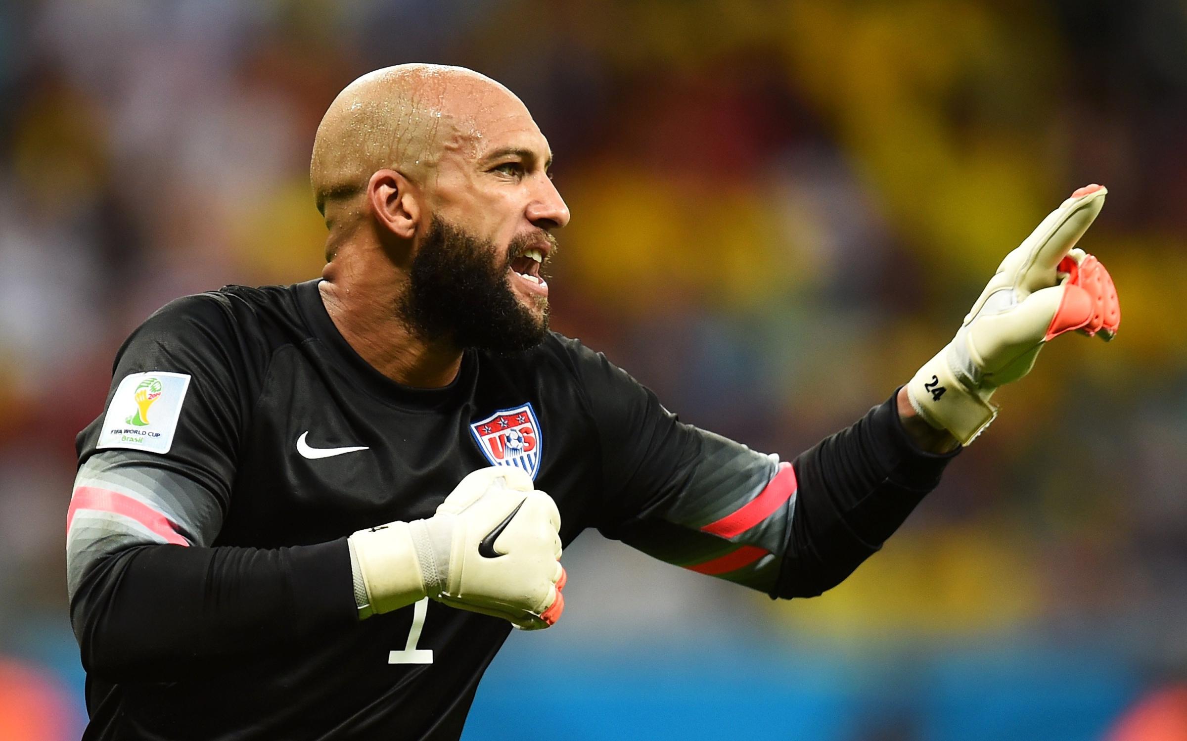 Tim Howard of the United States reacts during the 2014 FIFA World Cup Brazil Round of 16 match between Belgium and the United States at Arena Fonte Nova on July 1, 2014 in Salvador, Brazil.
