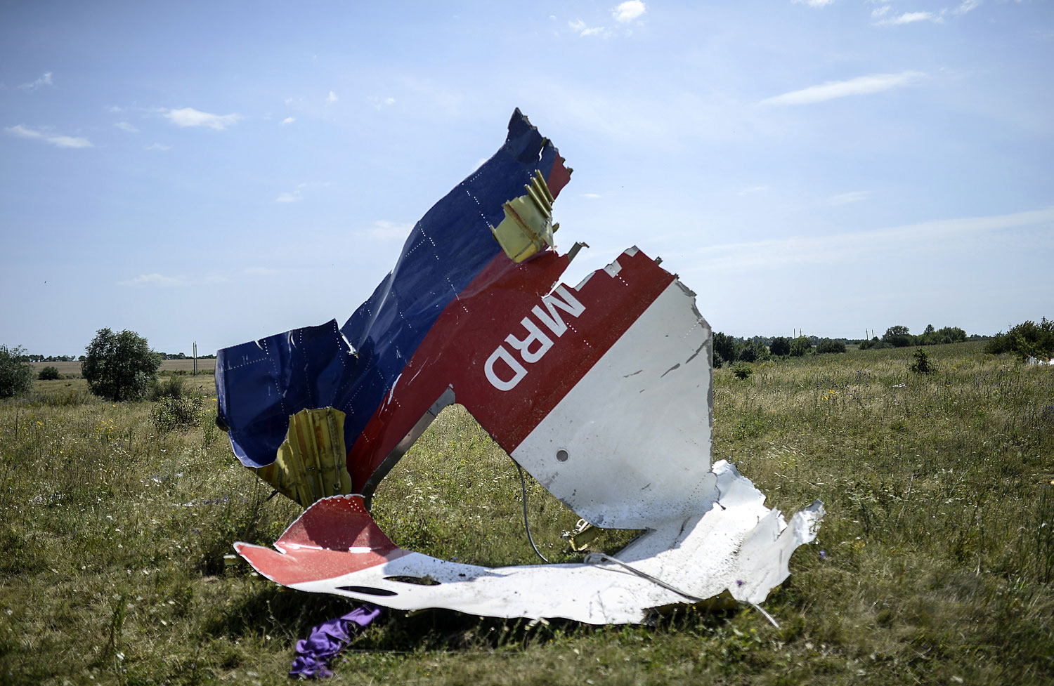 A piece of debris of the fuselage at the crash site of the Malaysia Airlines Flight 17 near the village of Grabovo, east of Donetsk, on July 25, 2014.