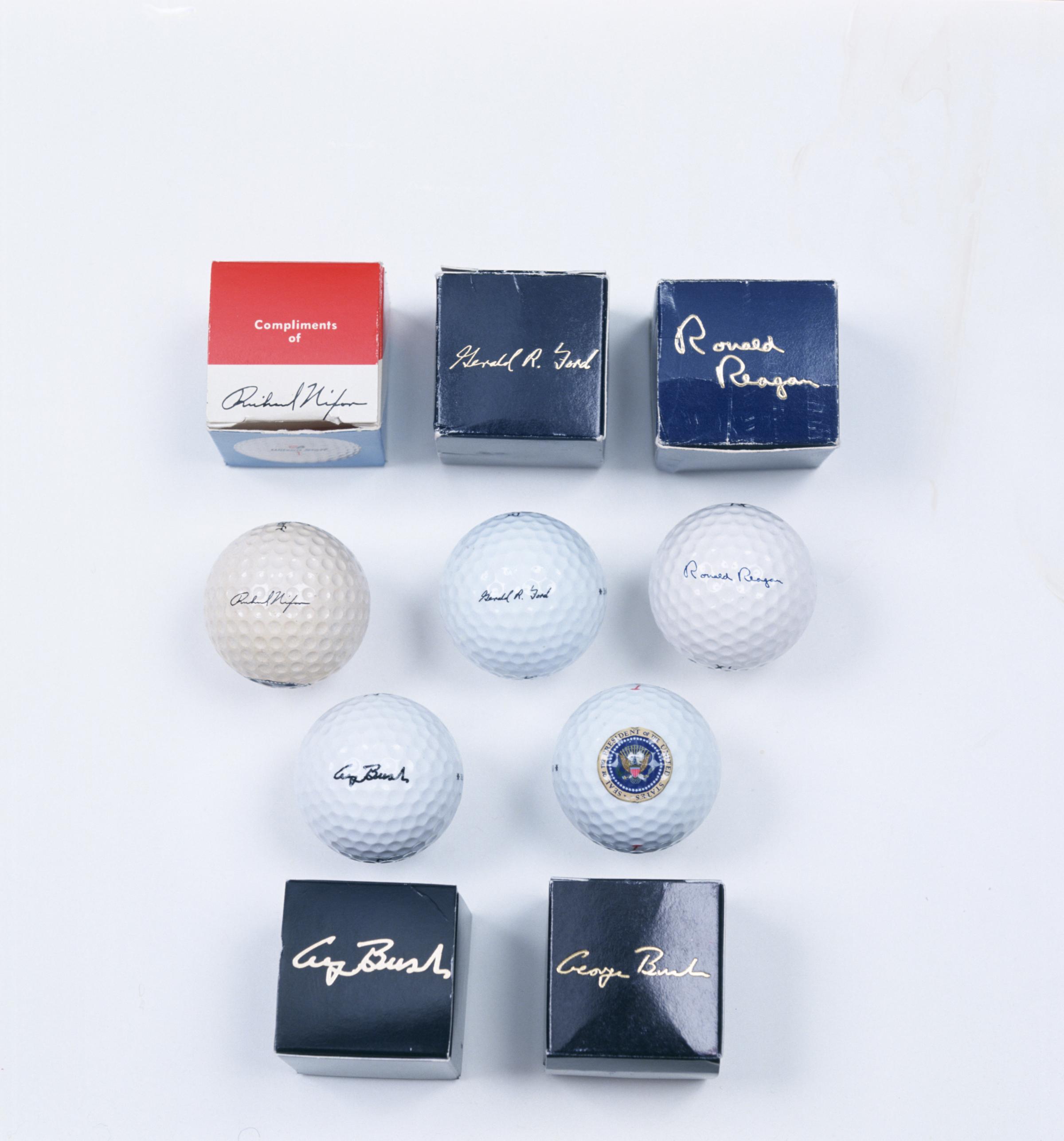 Presidential golf balls and boxes, 1970-92.