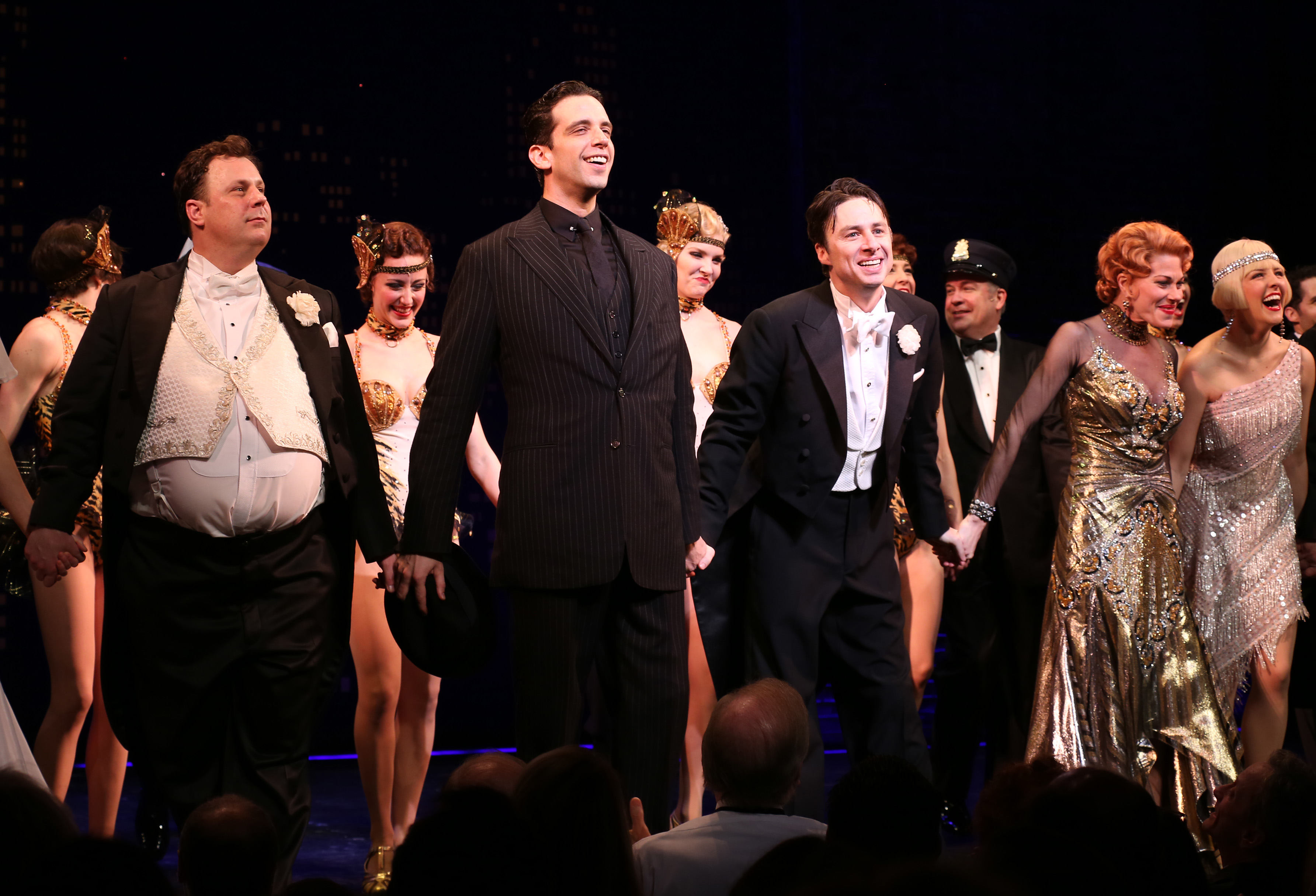 Brooks Ashmanskas, Nick Cordero, Zach Braff, Marin Mazzie and Helene Yorke during the Broadway opening night performance curtain call for ''Bullets Over Broadway" at the St. James Theatre on April 10, 2014 in New York City. (Walter McBride/Getty Images)