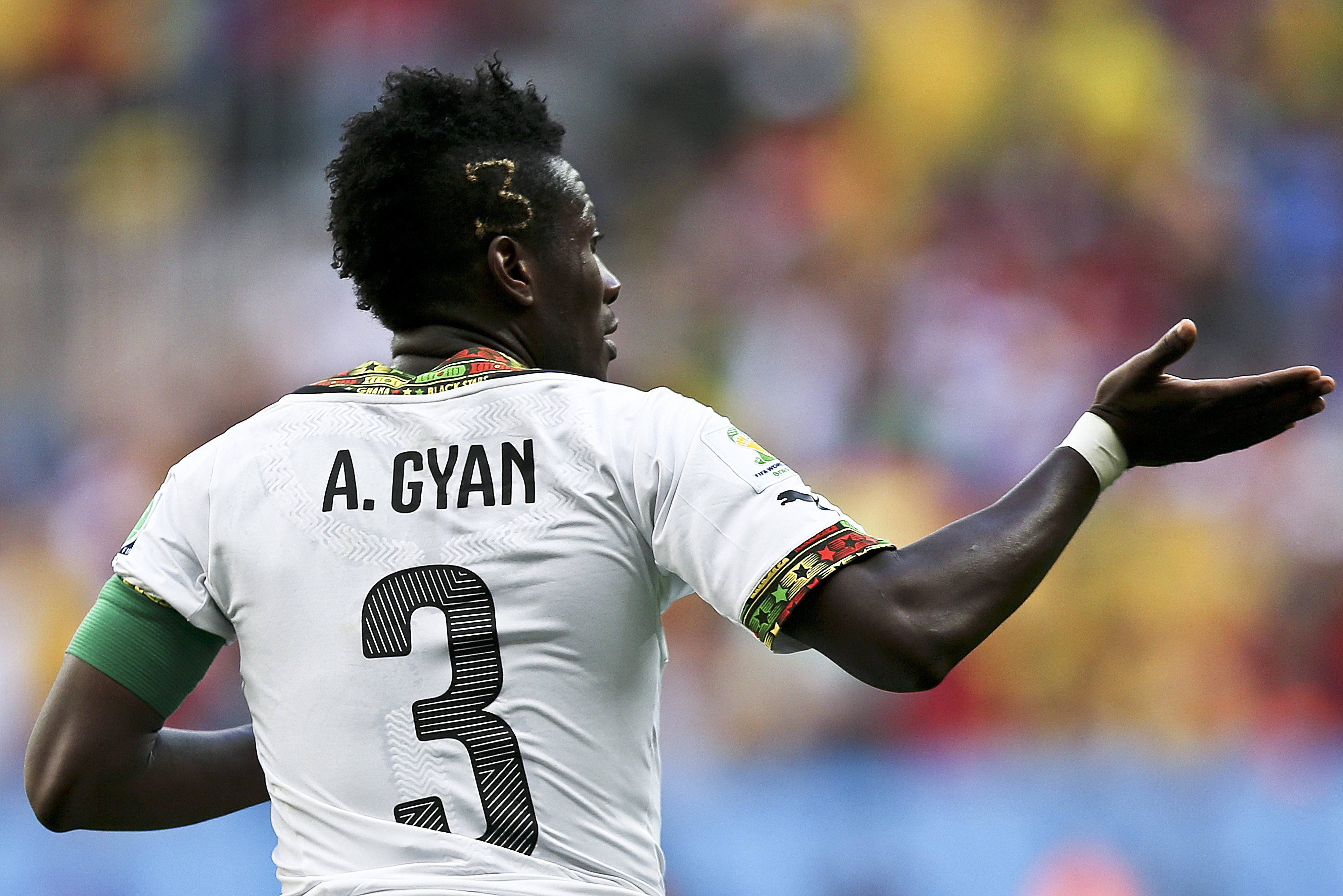 Ghana player Asamoah Gyan celebrates a goal against Portugal during the match between Portugal and Ghana at the Estadio Nacional in Brasilia, Brazil on June 26, 2014.