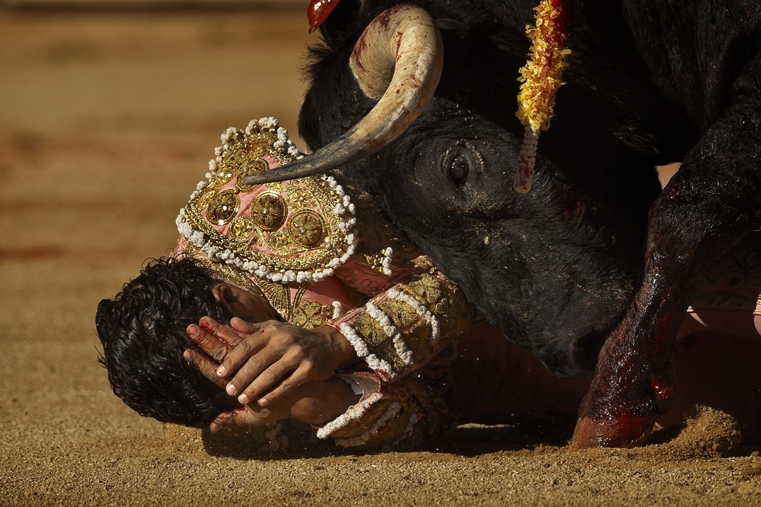Jul. 9, 2014. Spanish bullfighter Ivan Fandino is gored by a bull during a bullfight of the San Fermin festival, in Pamplona, Spain.