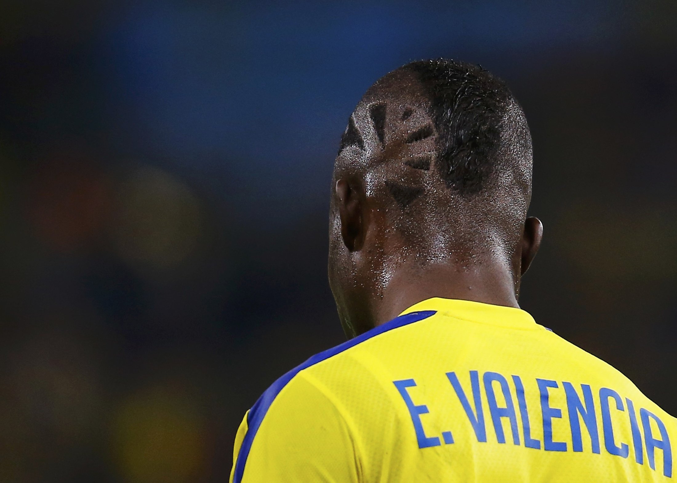A backview shows the hair style of Ecuador's Enner Valencia during their match against France at the Maracana stadium in Rio de Janeiro on June 25, 2014.