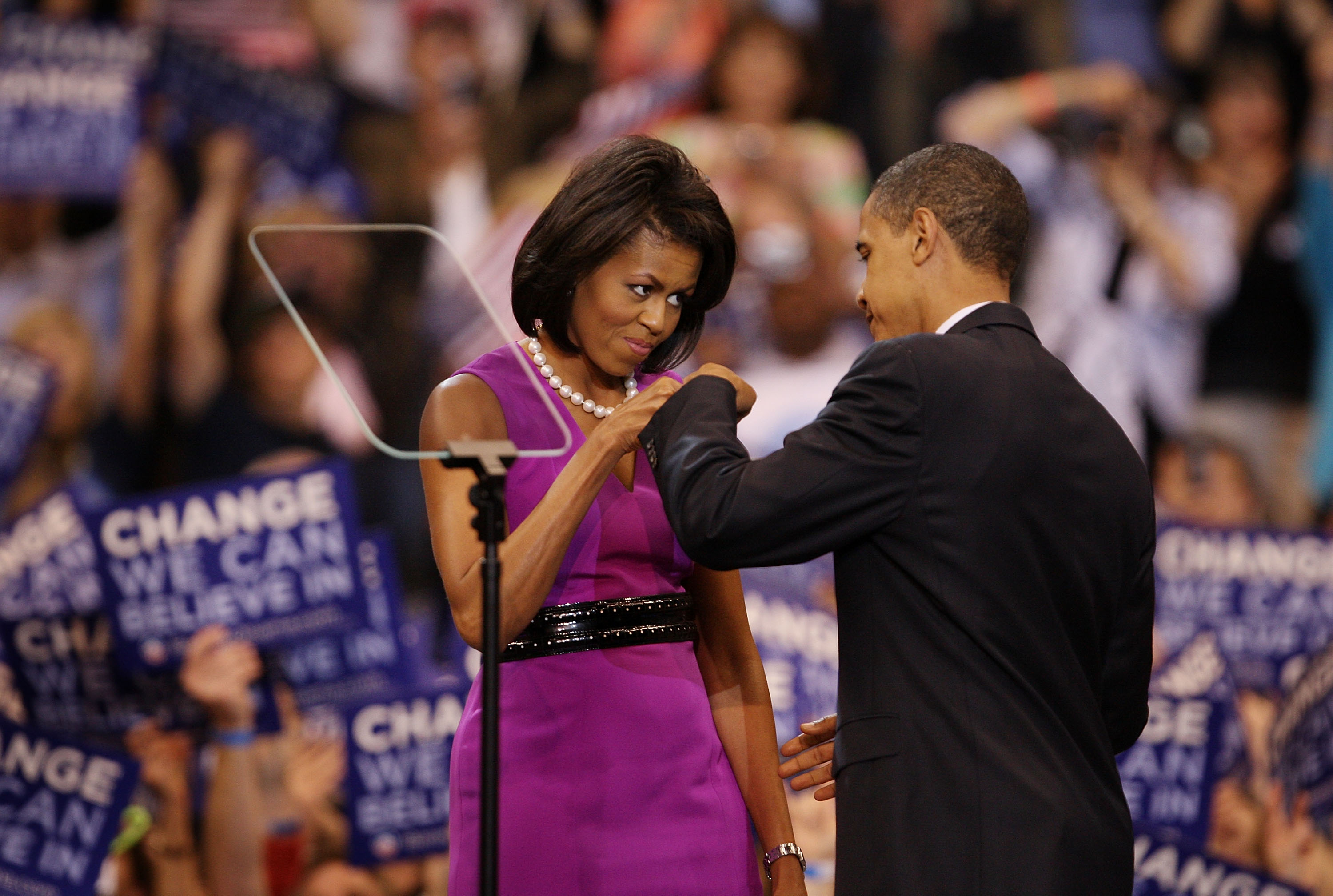 From right: U.S. President Barack Obama and First Lady Michelle Obama bump fists at an election night rally at the Xcel Energy Center on June 3, 2008 in St. Paul, Minn. during his first presidential campaign.