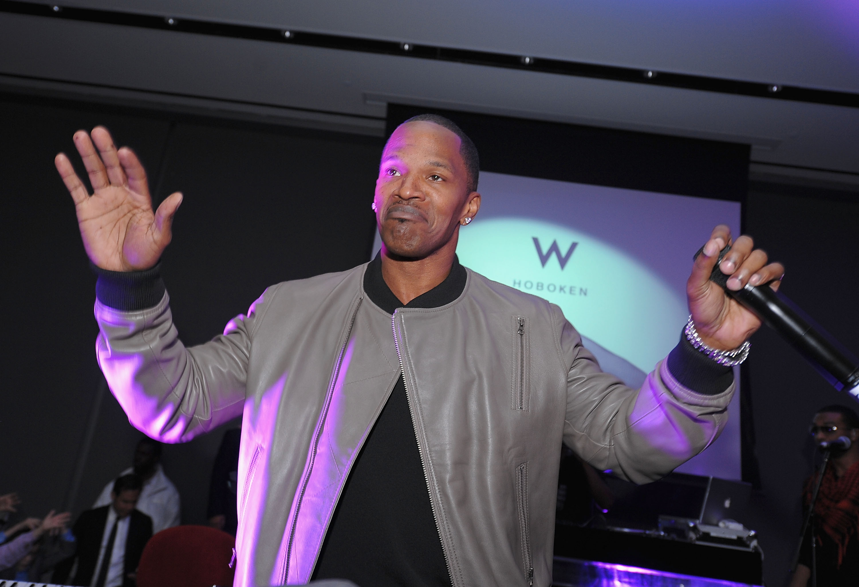 Jaime Foxx performs during  the grand opening celebration at The Chandelier Room at W Hoboken (Dimitrios Kambouris—Getty)