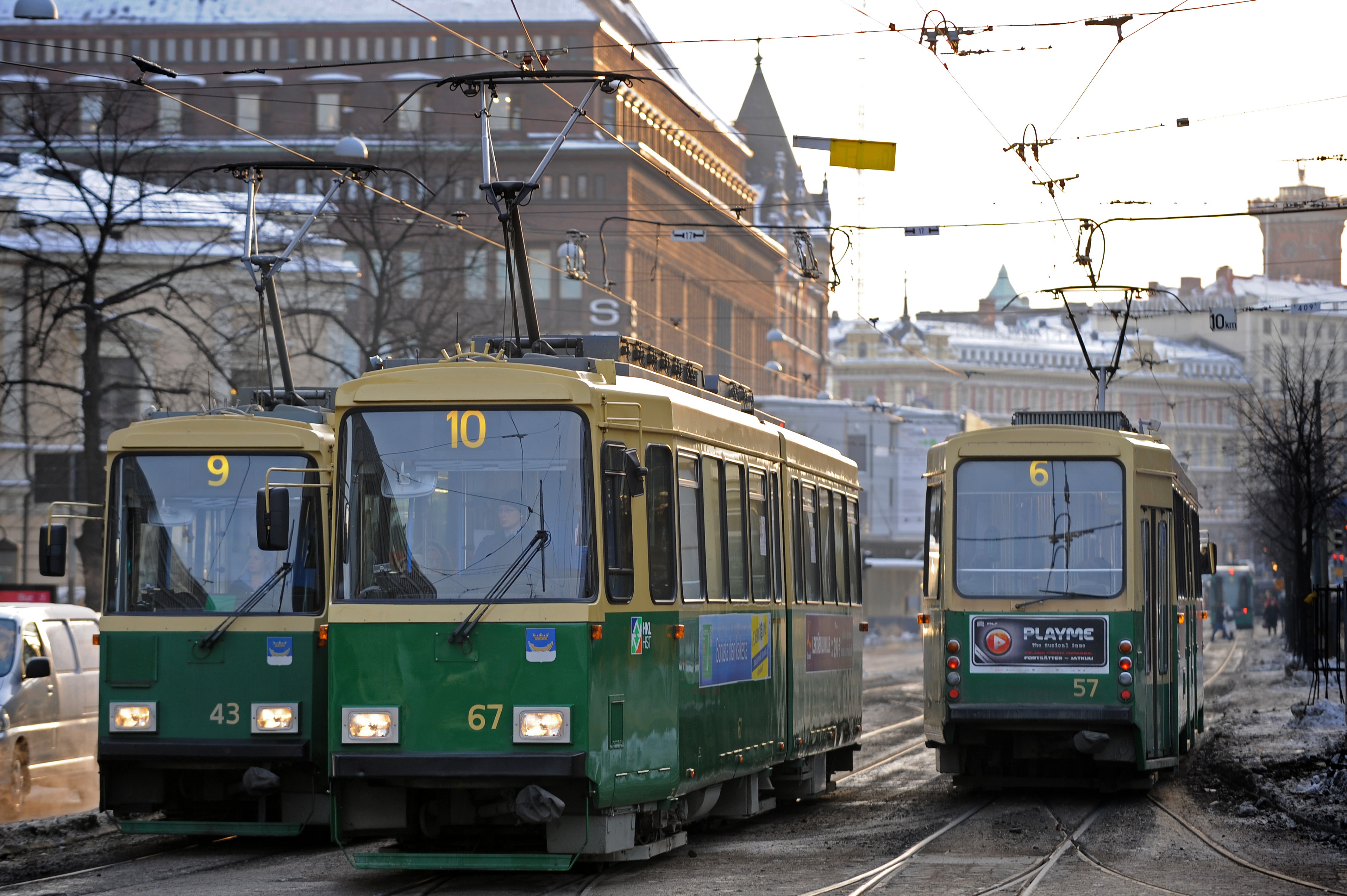 HKL company's trams from line 9, 10 and 6 pass on the main street Mannerheimintie on Jan. 20, 2010, in Helsinki's city center. (Olivier Morin&mdash;AFP/Getty Images)