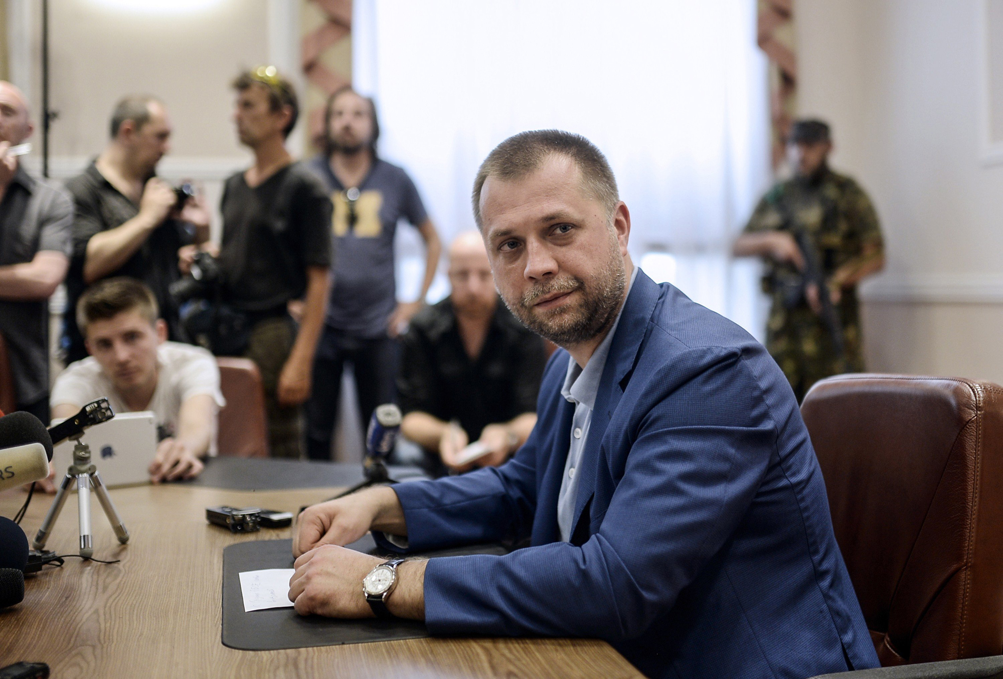Self-proclaimed Prime Minister of the pro-Russian separatist "Donetsk People's Republic" Alexander Borodai gives a press conference in Donetsk, July 19, 2014. (Bulent Kilic—AFP/Getty Images)