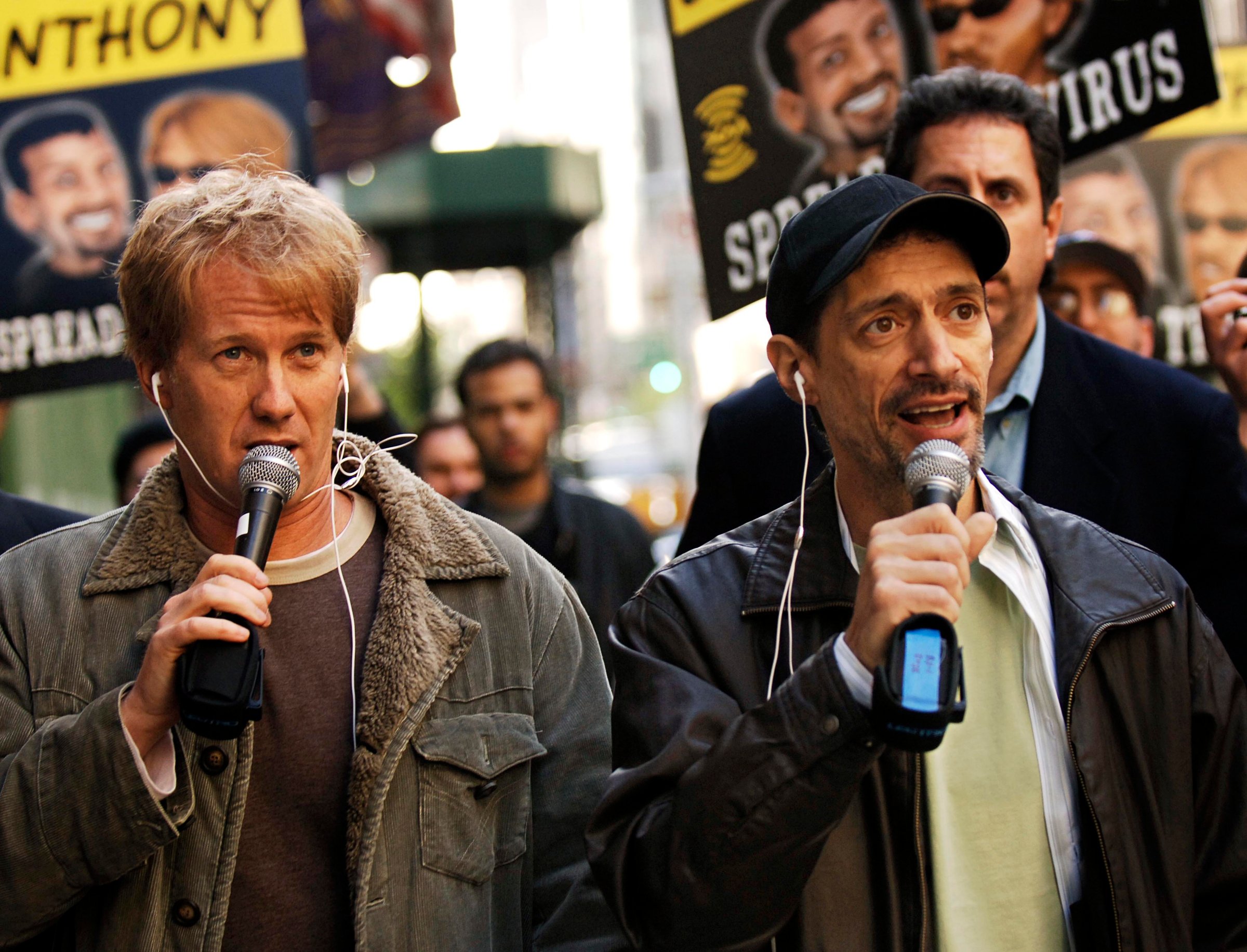 Radio shock jocks Greg "Opie" Hughes, left, and Anthony Cumia, right, leave CBS Radio studios on 57th Street with fans after finishing their first morning show, in New York. Cumia of the "Opie & Anthony" radio show on April 26, 2006.