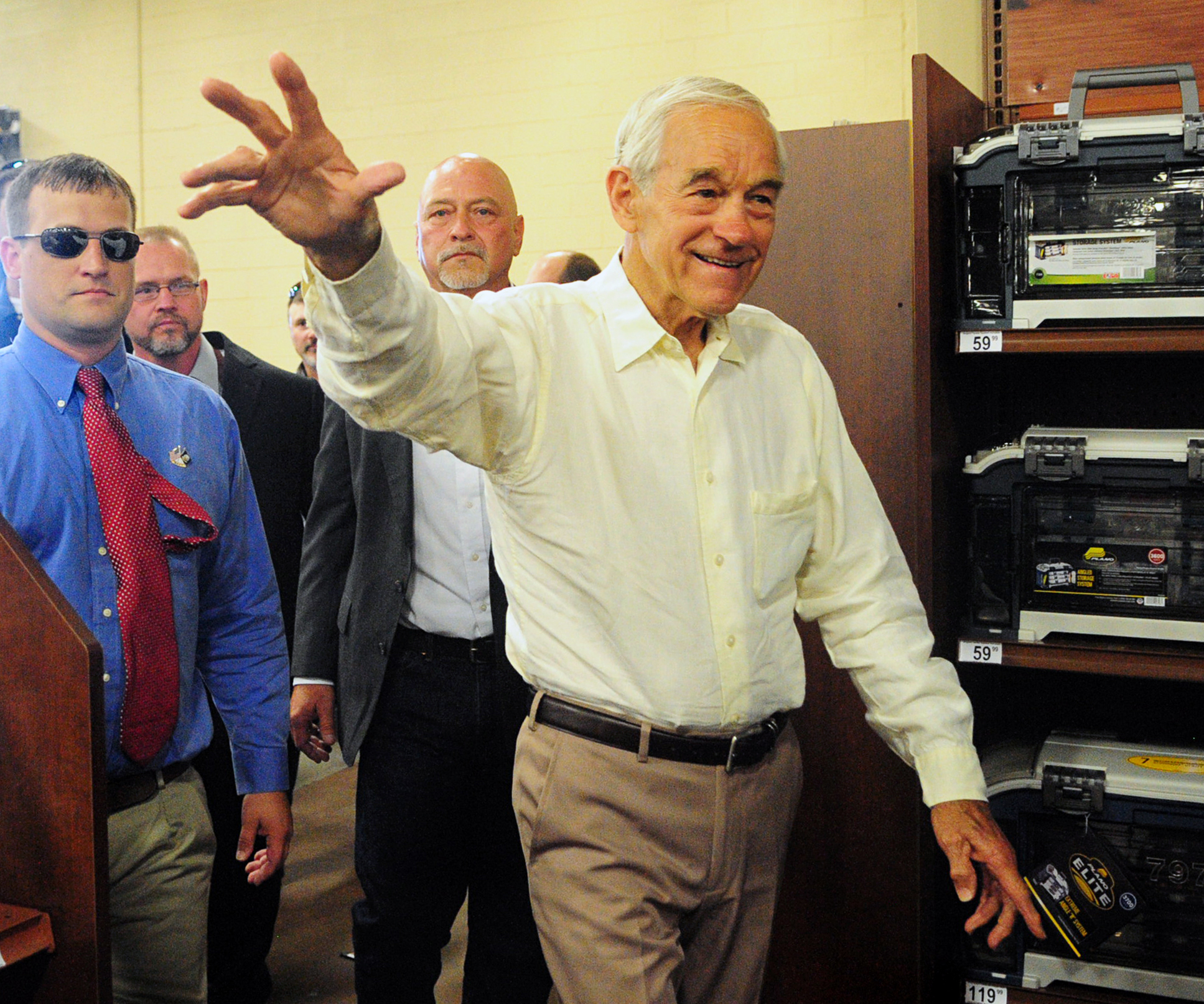 Former U.S. Rep. and presidential candidate Ron Paul waves to supporters before speaking at a campaign rally for U.S. Senate candidate Chris McDaniel, Saturday, June 14, 2014, at Gander Mountain in Hattiesburg, Miss. (Kelly Price—AP/The Hattiesburg American)